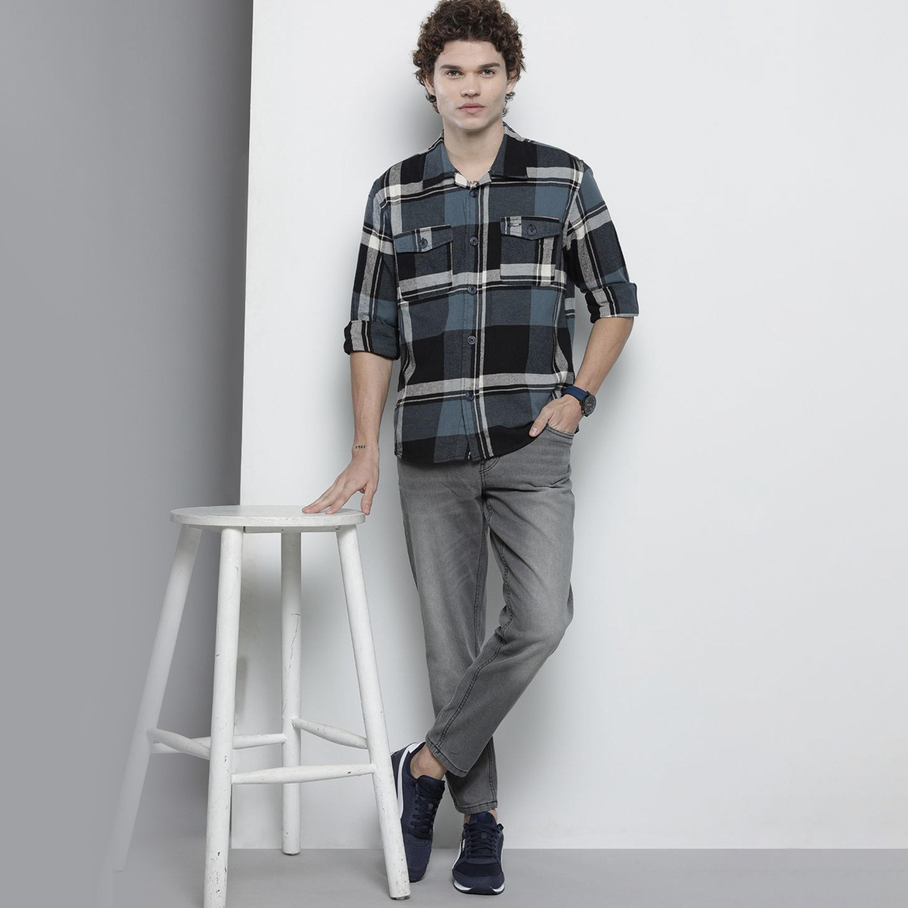 ذا انديان كراج كو × ستايلي - قميص رجالي منقوش مع جيب قابل للطي لون أزرق مخضر-men-clothing-shirts-image-2