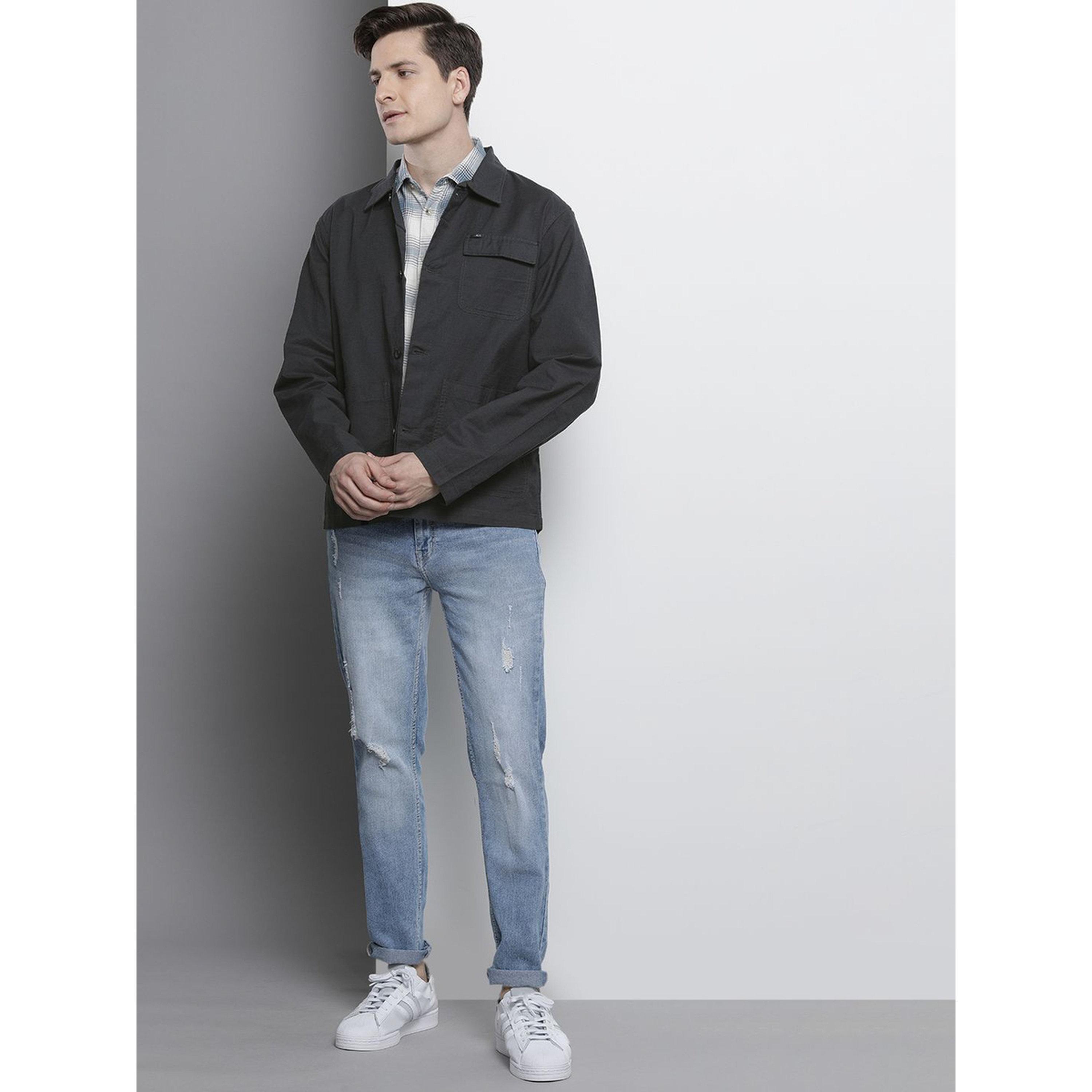 ذا انديان كراج كو × ستايلي - قميص رجالي رمادي سادة بياقة واسعة-men-clothing-shirts-image-2