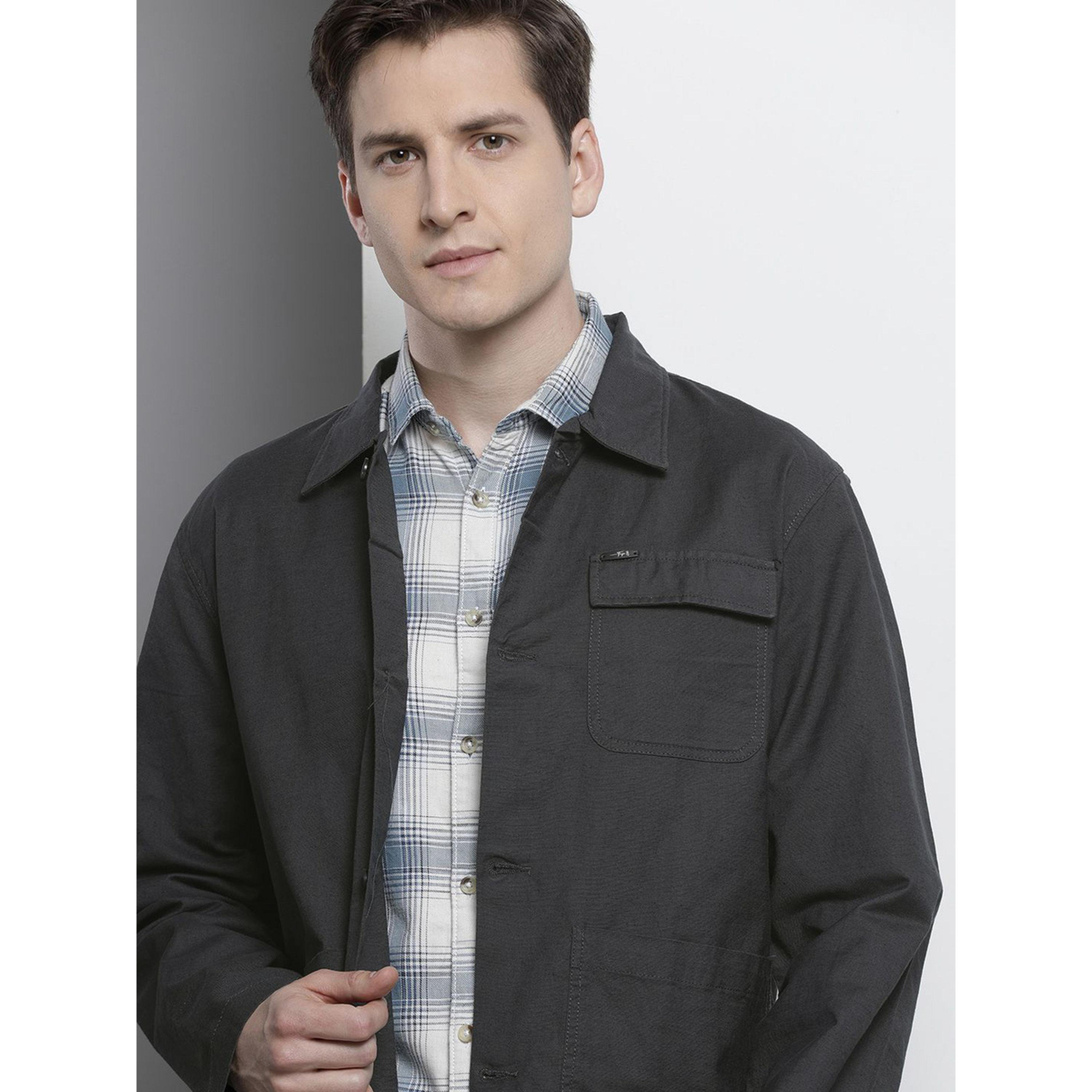 ذا انديان كراج كو × ستايلي - قميص رجالي رمادي سادة بياقة واسعة-men-clothing-shirts-image-3