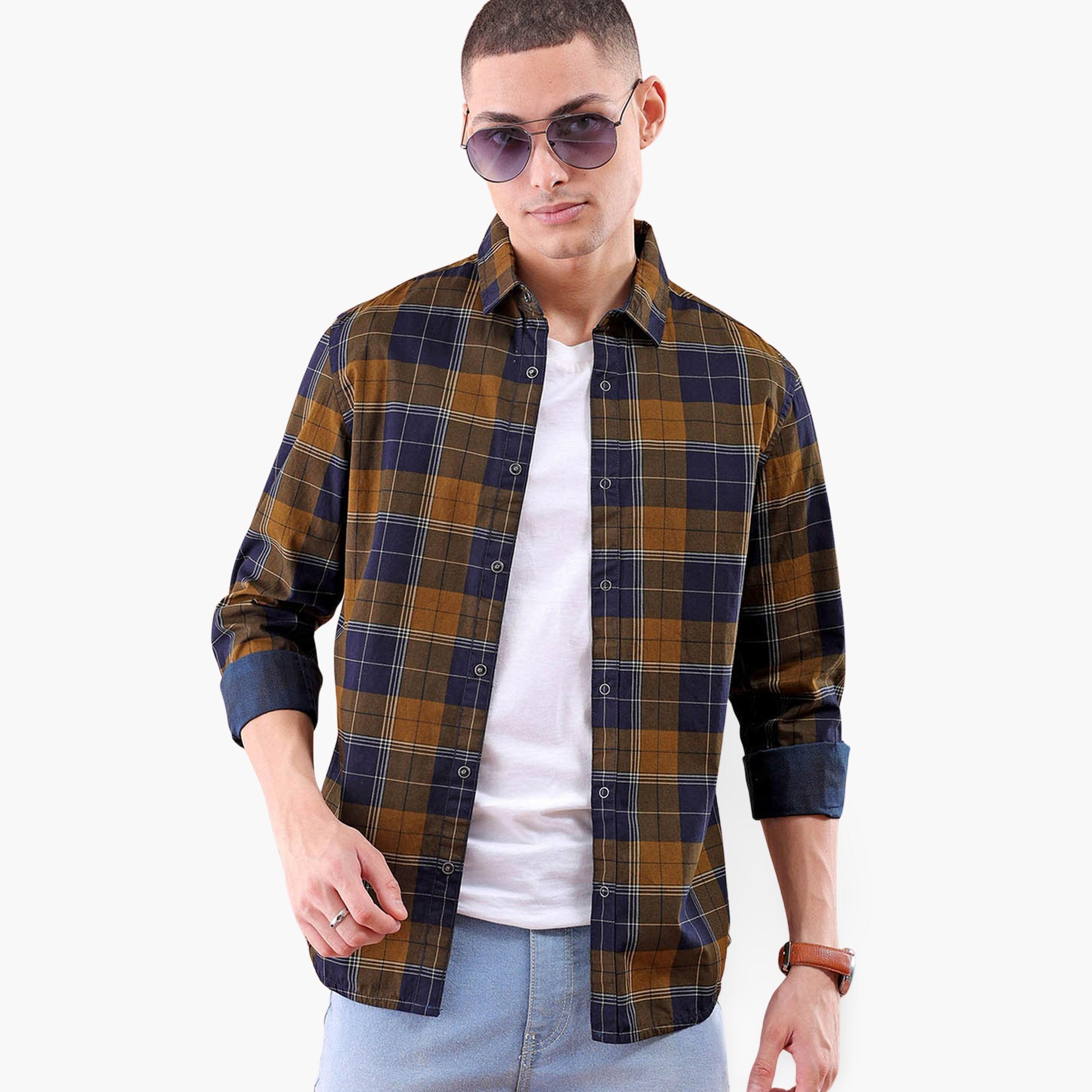 The Indian Garage Co X Styli Men Mustard Checked Casual Shirt-men-clothing-shirts-image-1