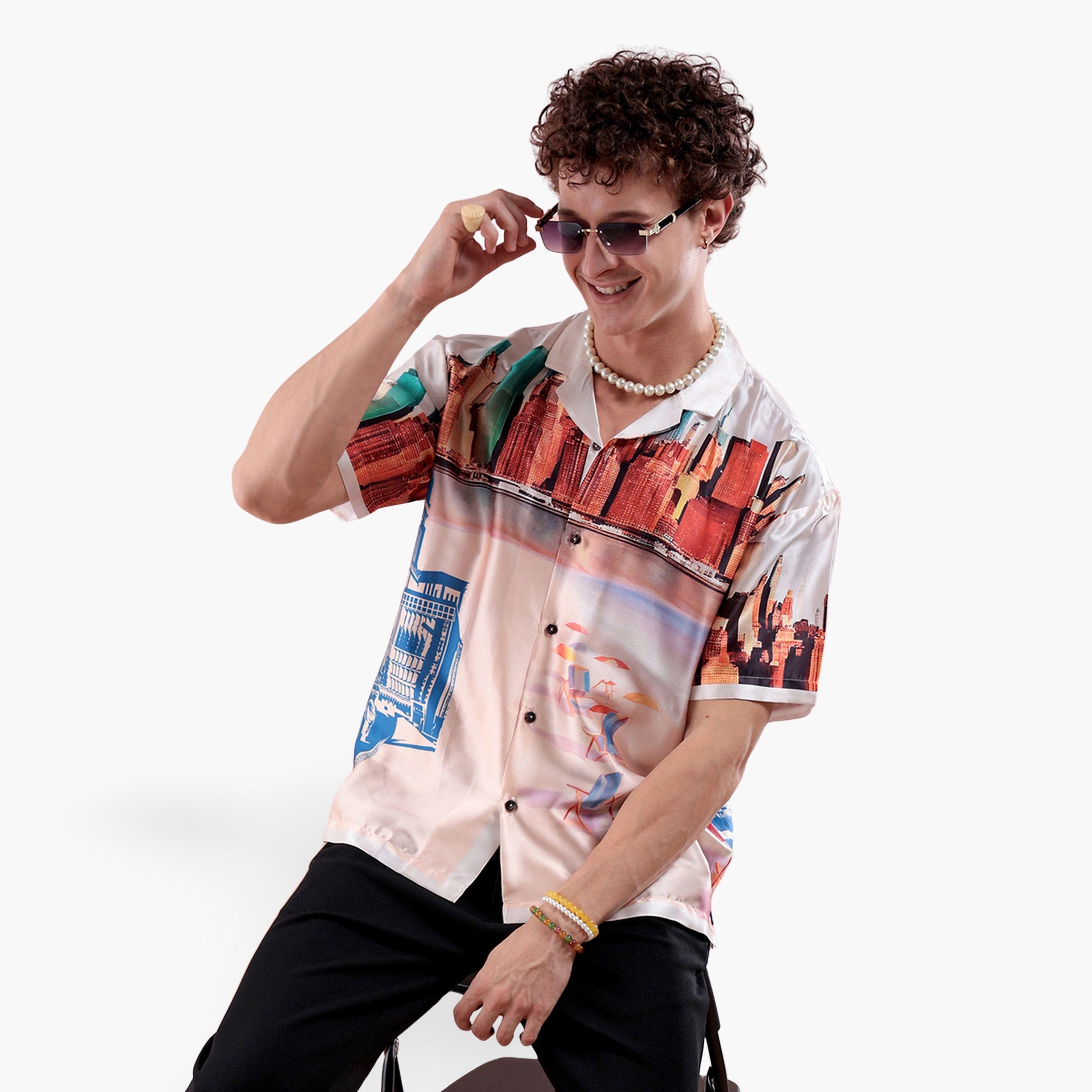 ذا انديان كراج كو × ستايلي - قميص رجالي مريح بطباعة غرافيكية لون كريمي-men-clothing-shirts-image-1