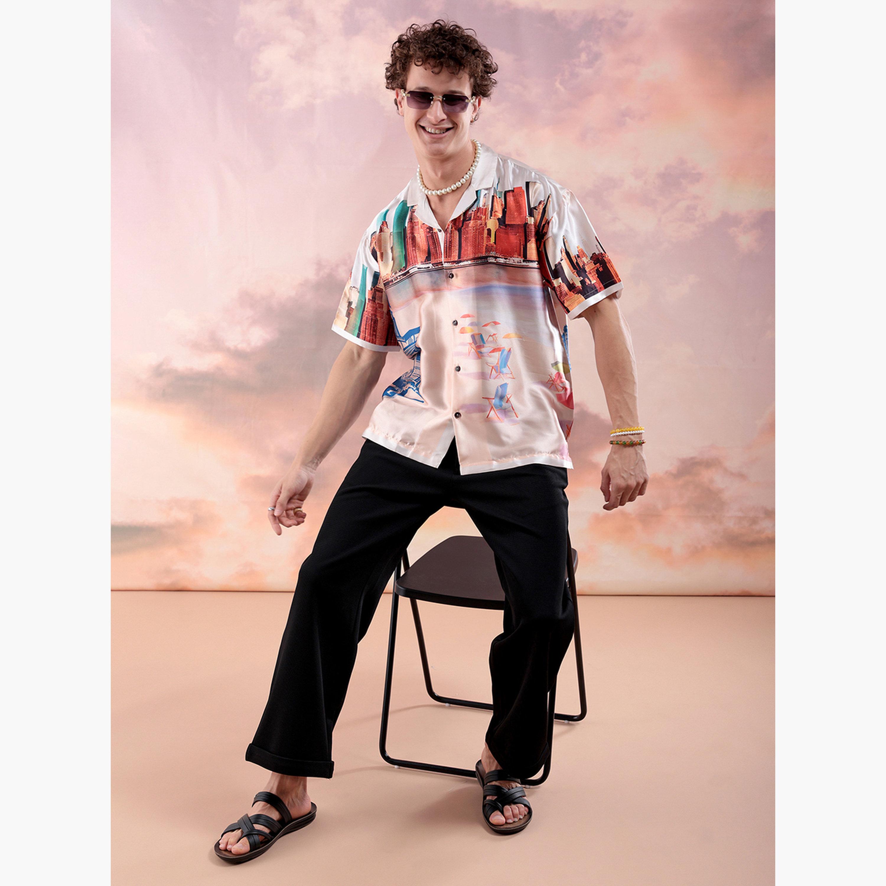 ذا انديان كراج كو × ستايلي - قميص رجالي مريح بطباعة غرافيكية لون كريمي-men-clothing-shirts-image-2