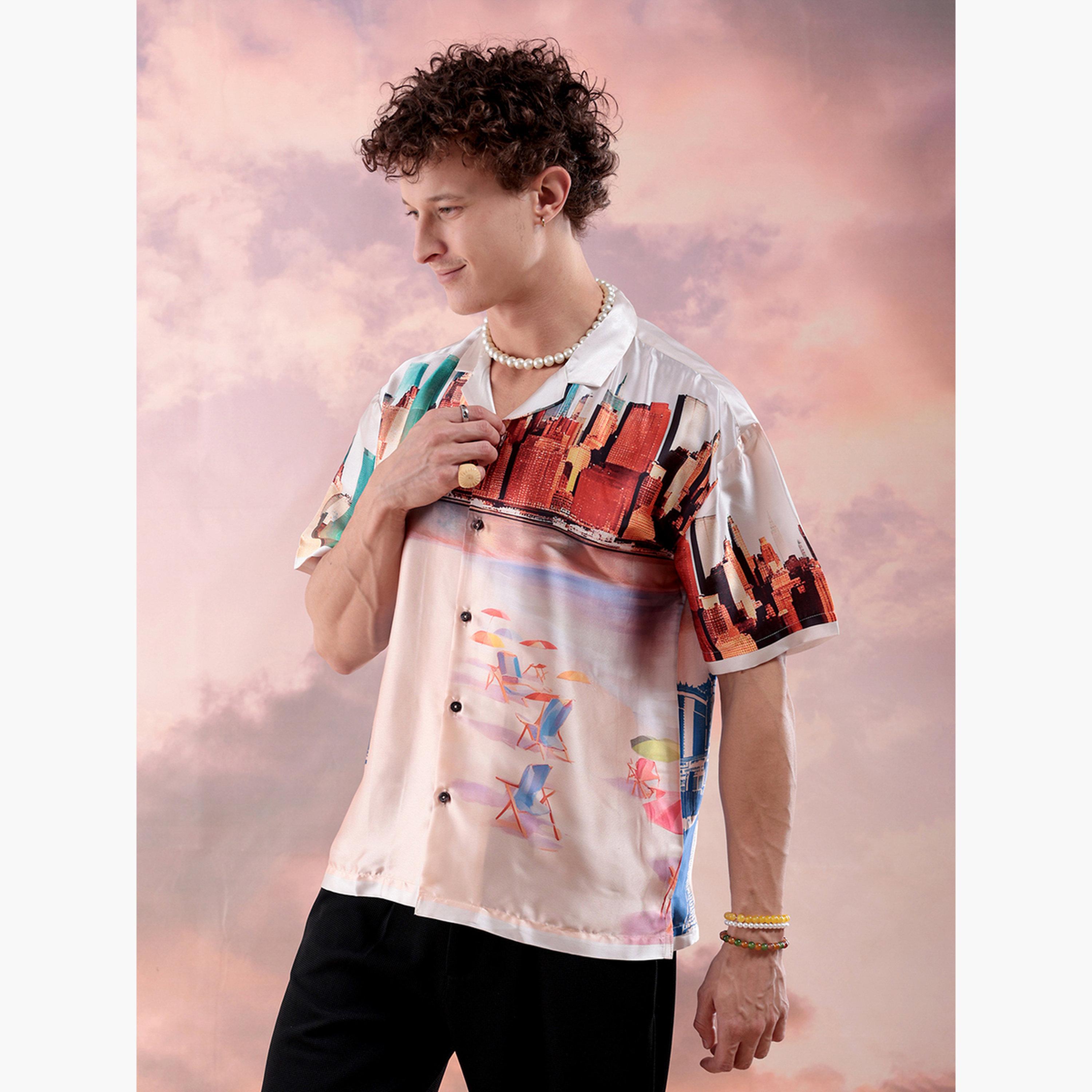 ذا انديان كراج كو × ستايلي - قميص رجالي مريح بطباعة غرافيكية لون كريمي-men-clothing-shirts-image-4