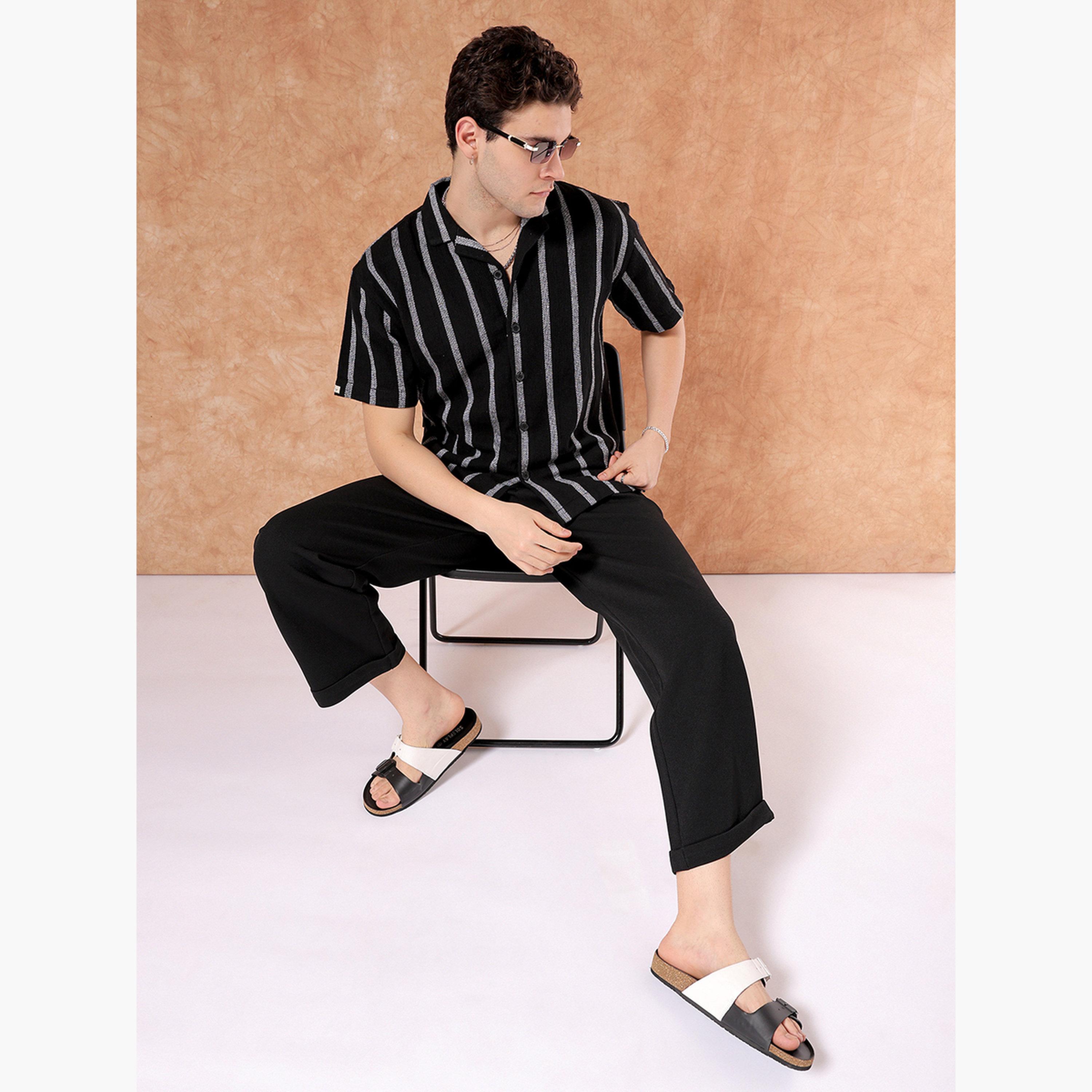 The Indian Garage Co X Styli Men Black Striped Spread Collar Shirt-men-clothing-shirts-image-2