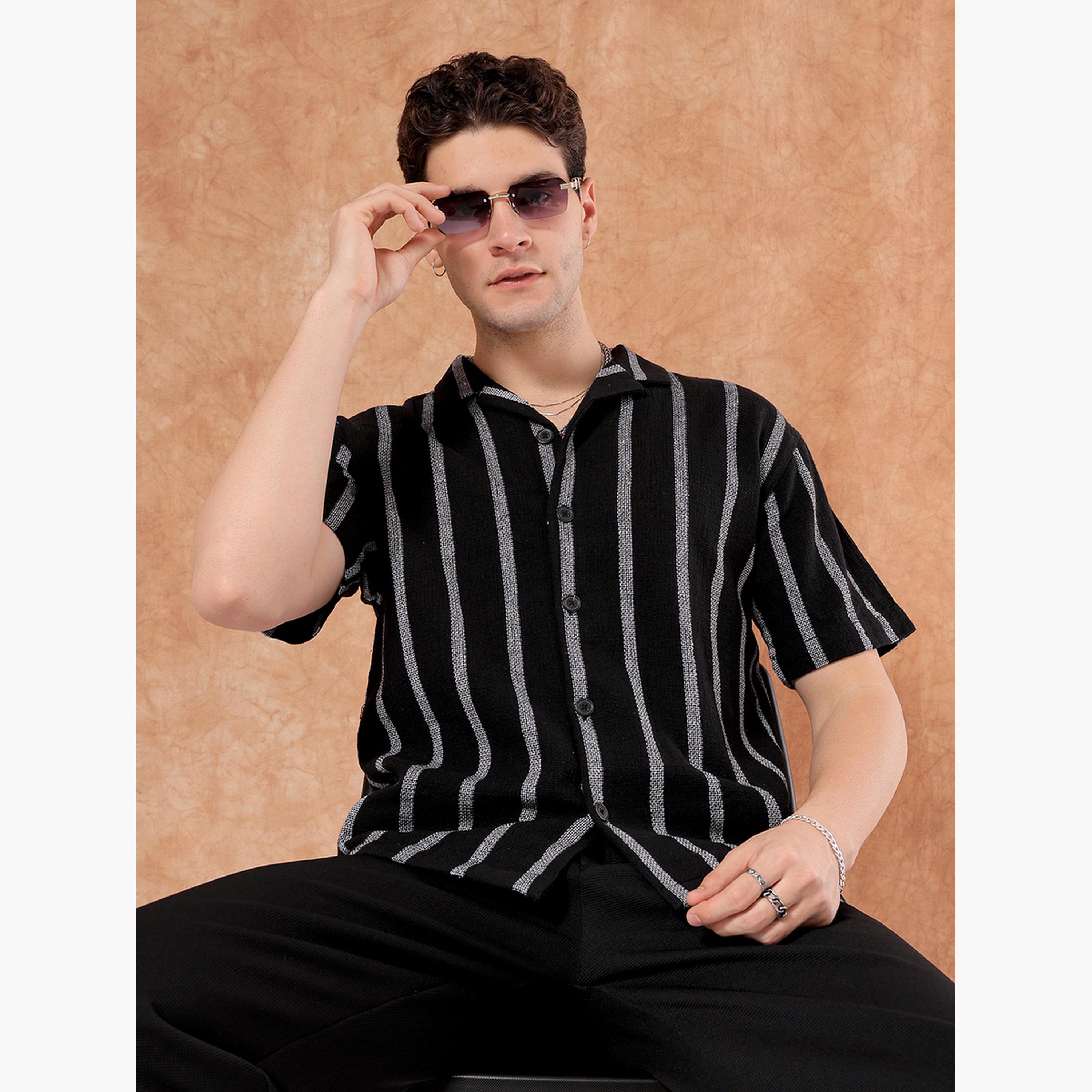 The Indian Garage Co X Styli Men Black Striped Spread Collar Shirt-men-clothing-shirts-image-3