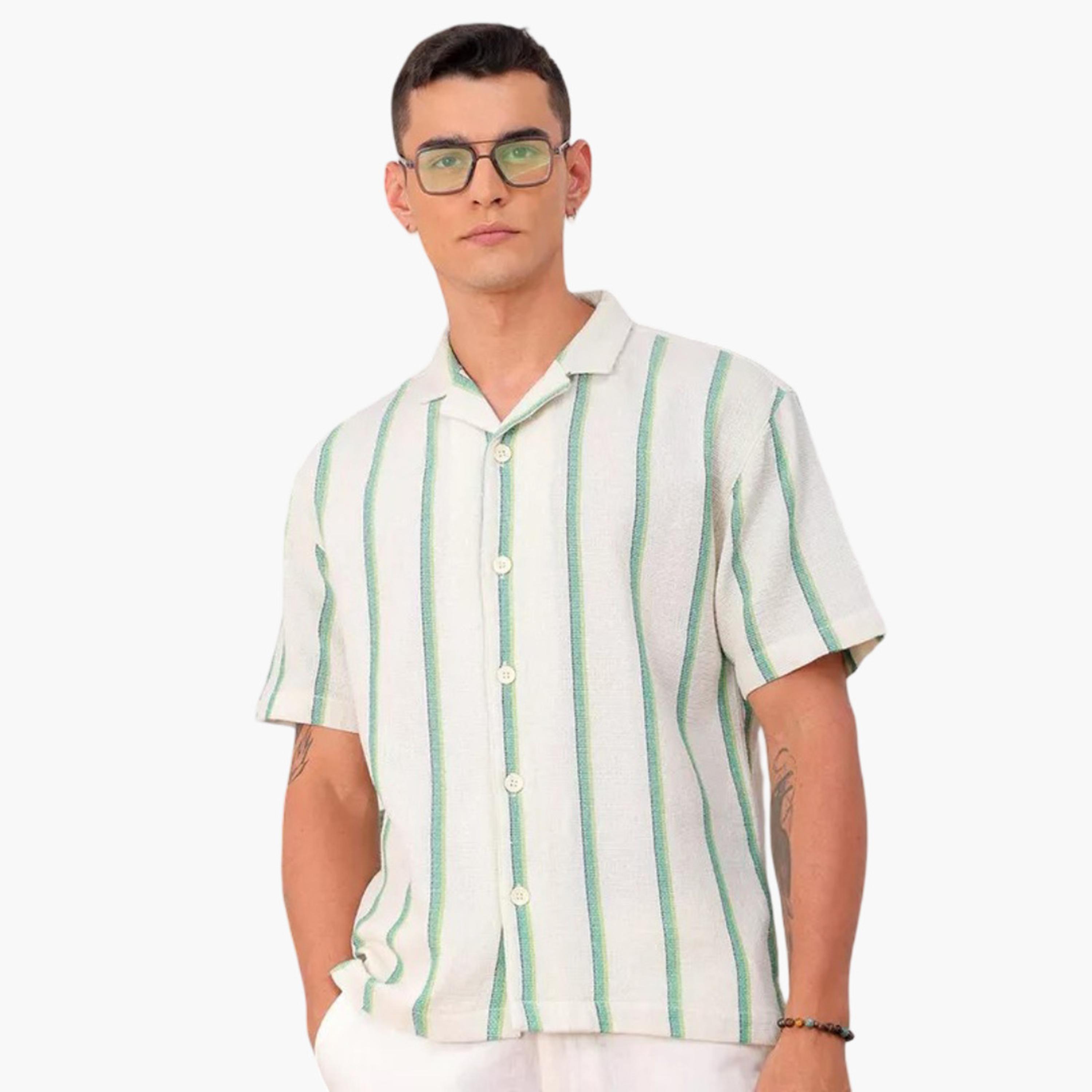 The Indian Garage Co X Styli Men Cream Striped Resort Collar Shirt-men-clothing-shirts-image-1