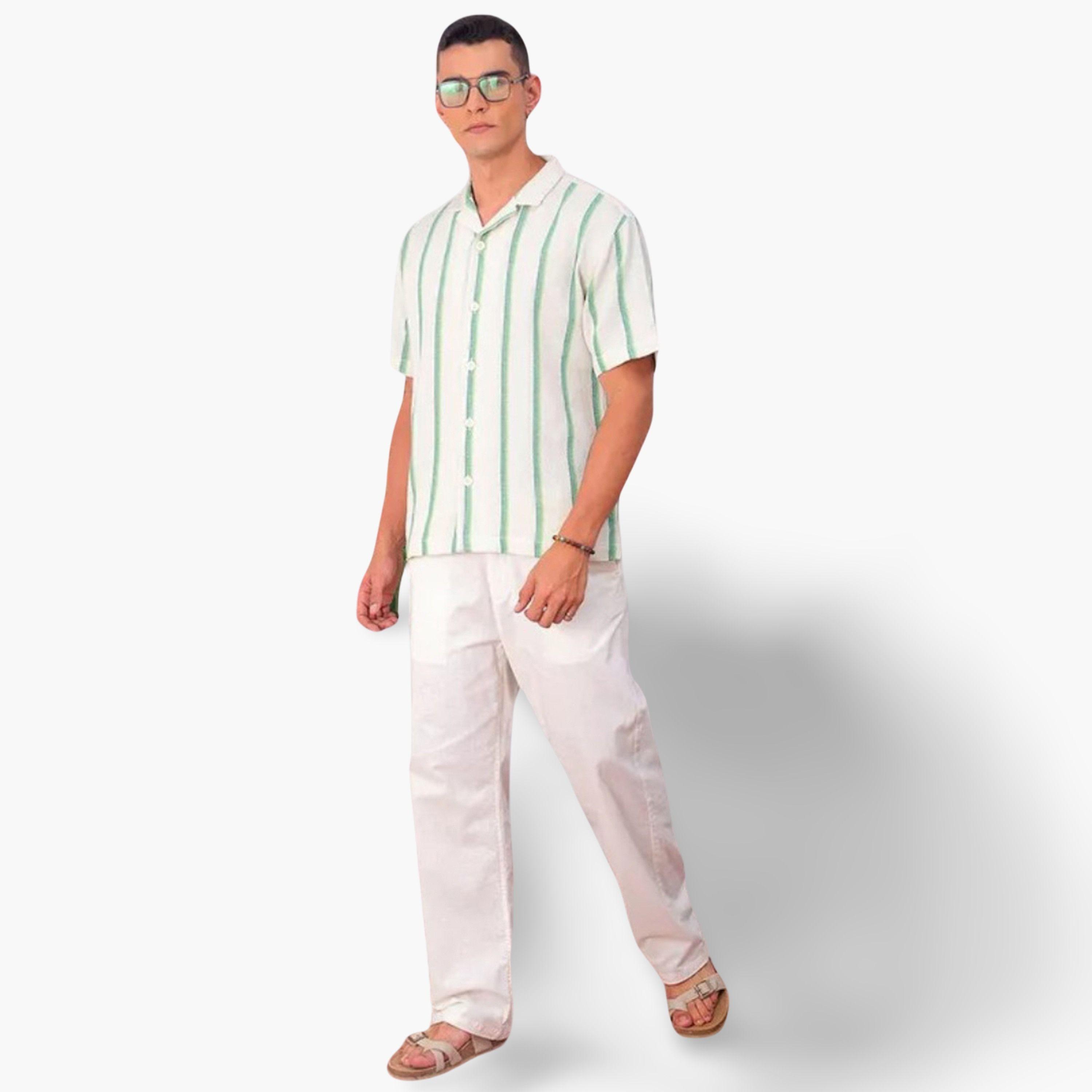 ذا انديان كراج كو × ستايلي - قميص رجالي مخطط ياقة مفتوح لون كريمي-men-clothing-shirts-image-2