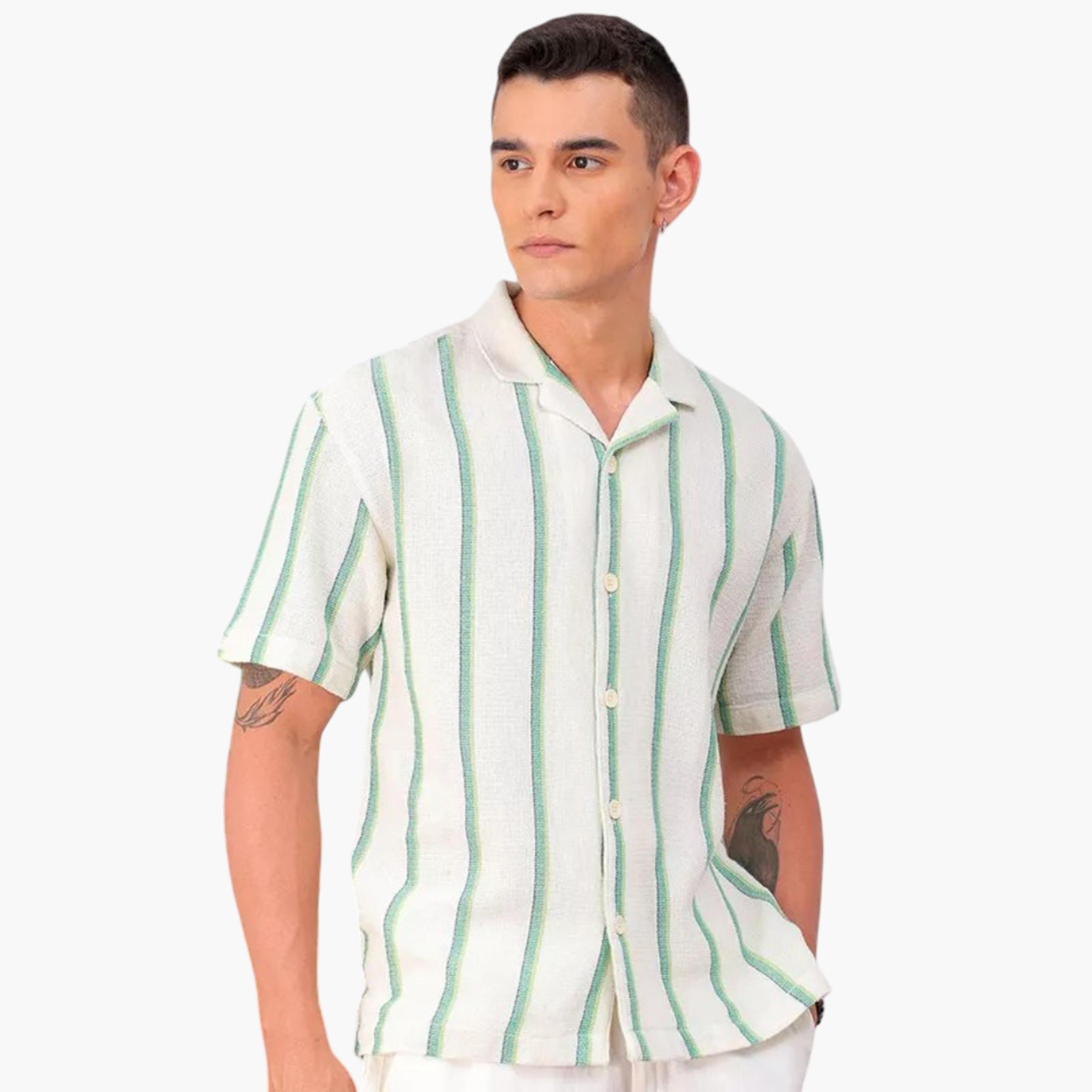 ذا انديان كراج كو × ستايلي - قميص رجالي مخطط ياقة مفتوح لون كريمي-men-clothing-shirts-image-5