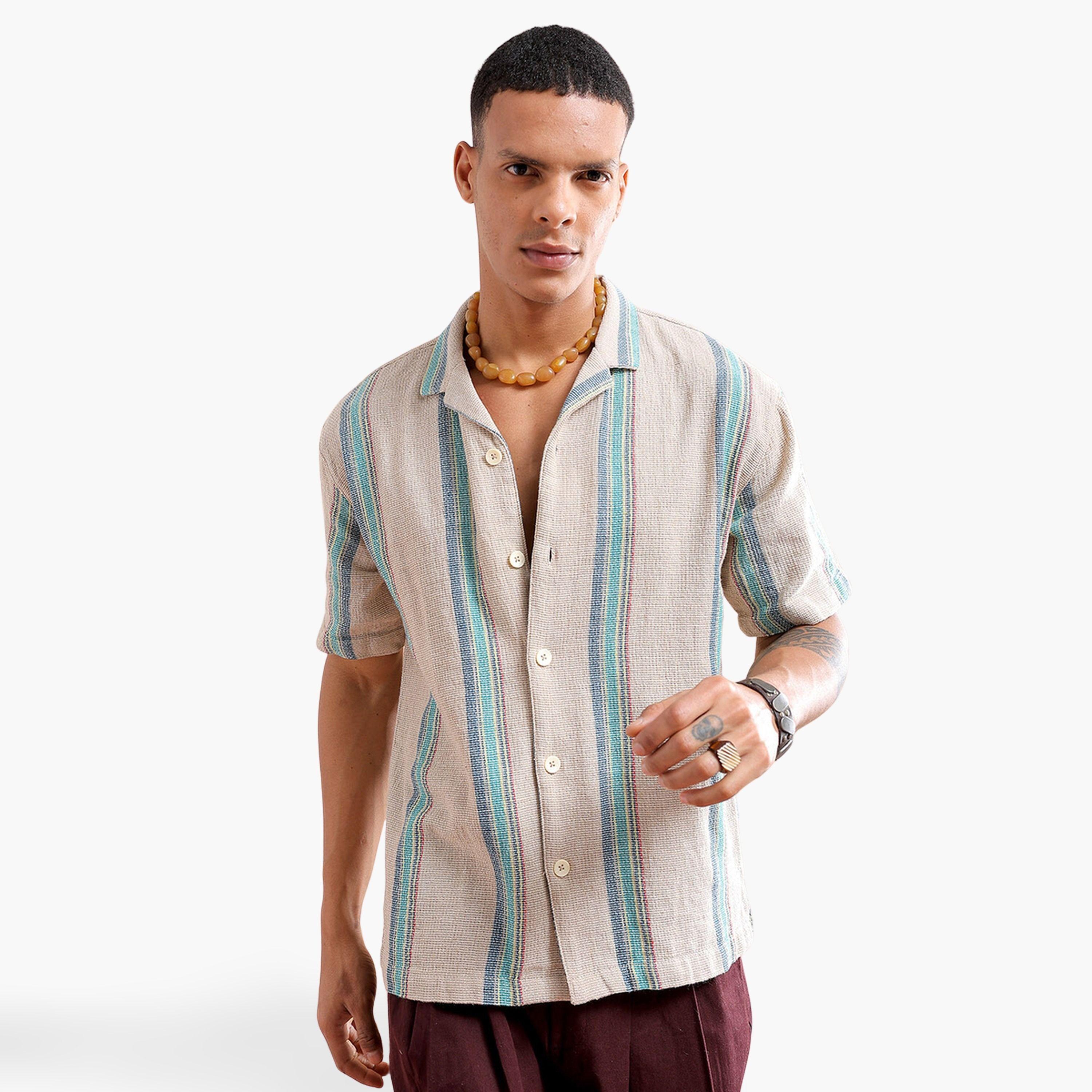 ذا انديان كراج كو × ستايلي - قميص رجالي مخطط بياقة مفتوحة لون بيج-men-clothing-shirts-image-1