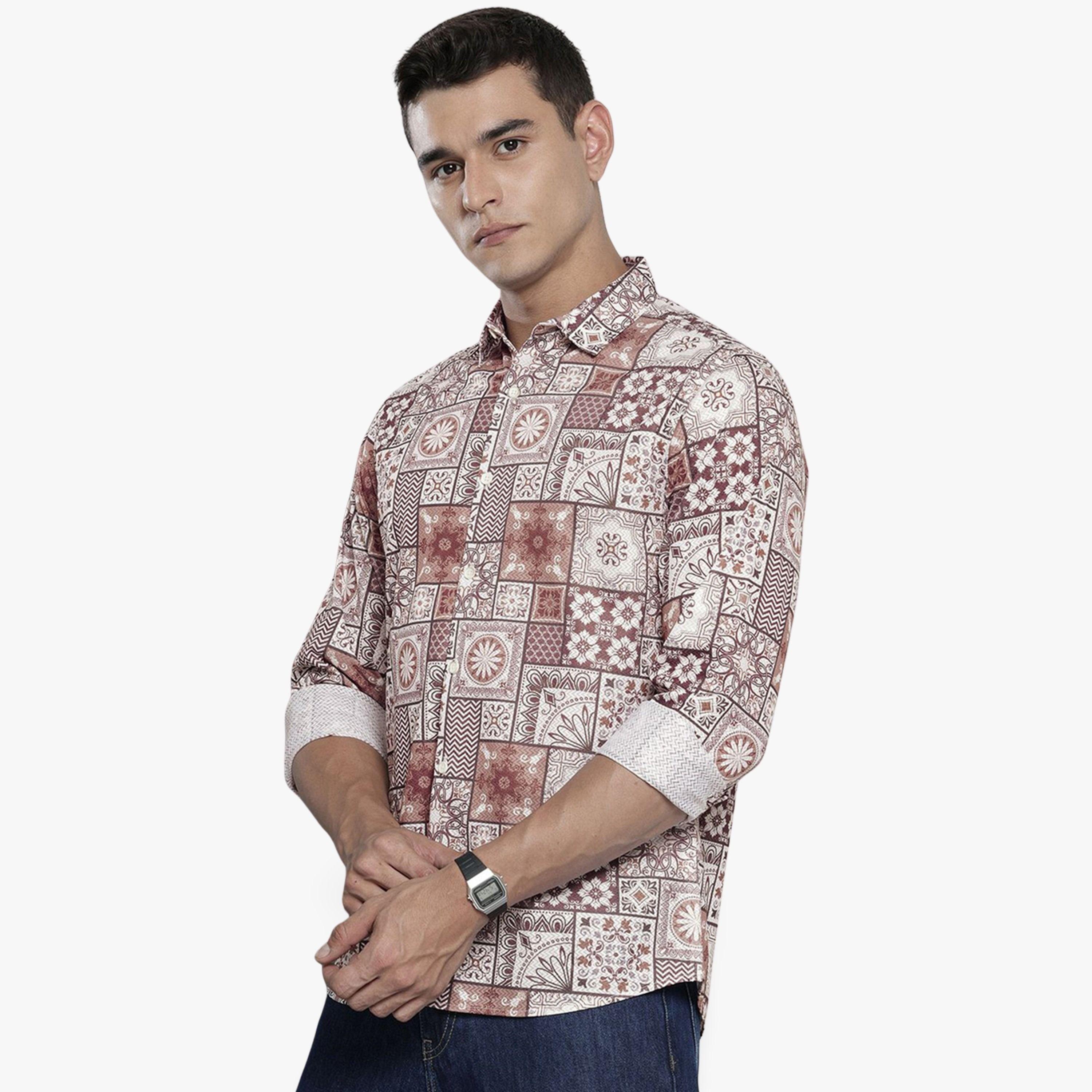 The Indian Garage Co X Styli Men Brown Tile Print Regular Fit Shirt-men-clothing-shirts-image-1