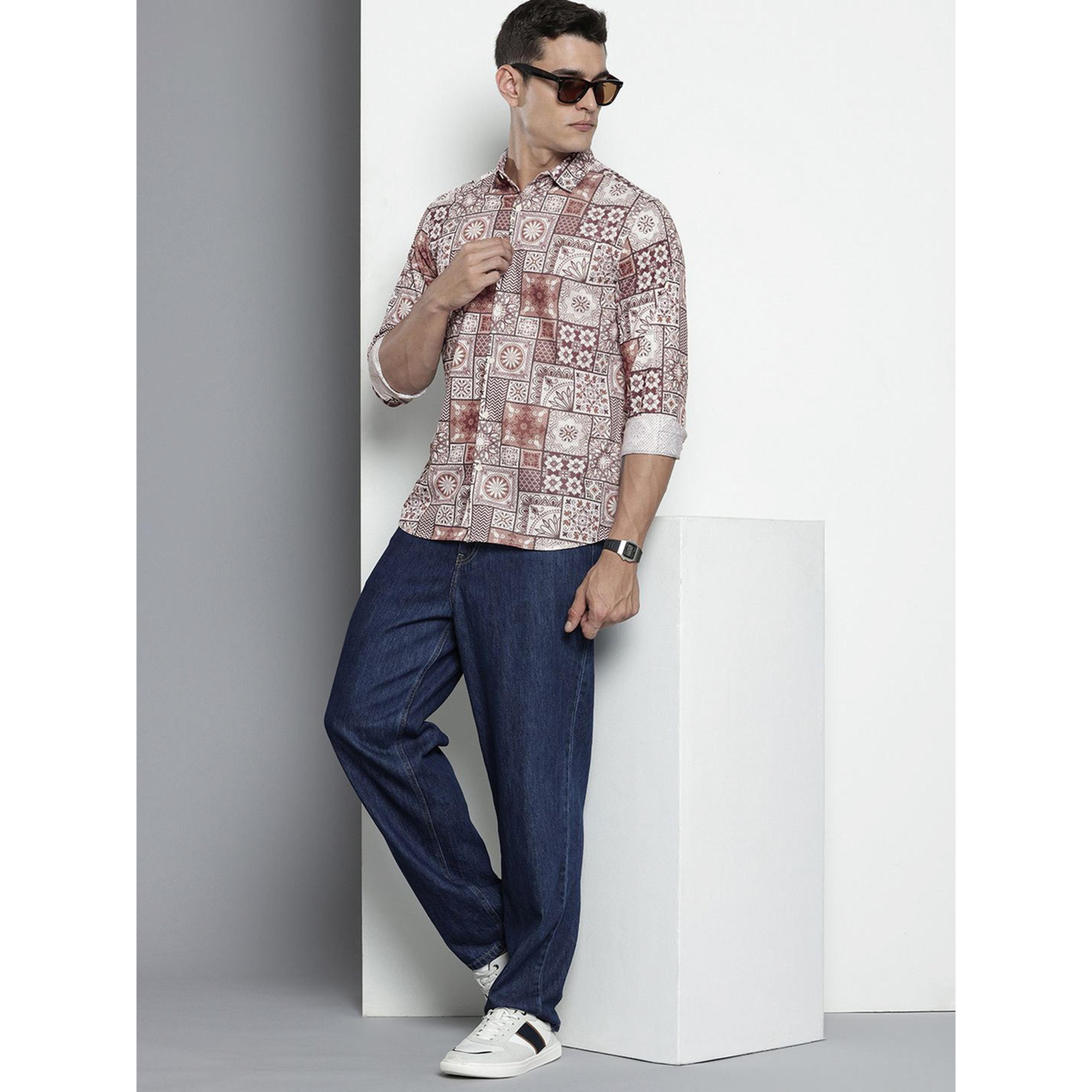 ذا انديان كراج كو × ستايلي - قميص رجالي ببطبعة بلاط بني-men-clothing-shirts-image-2