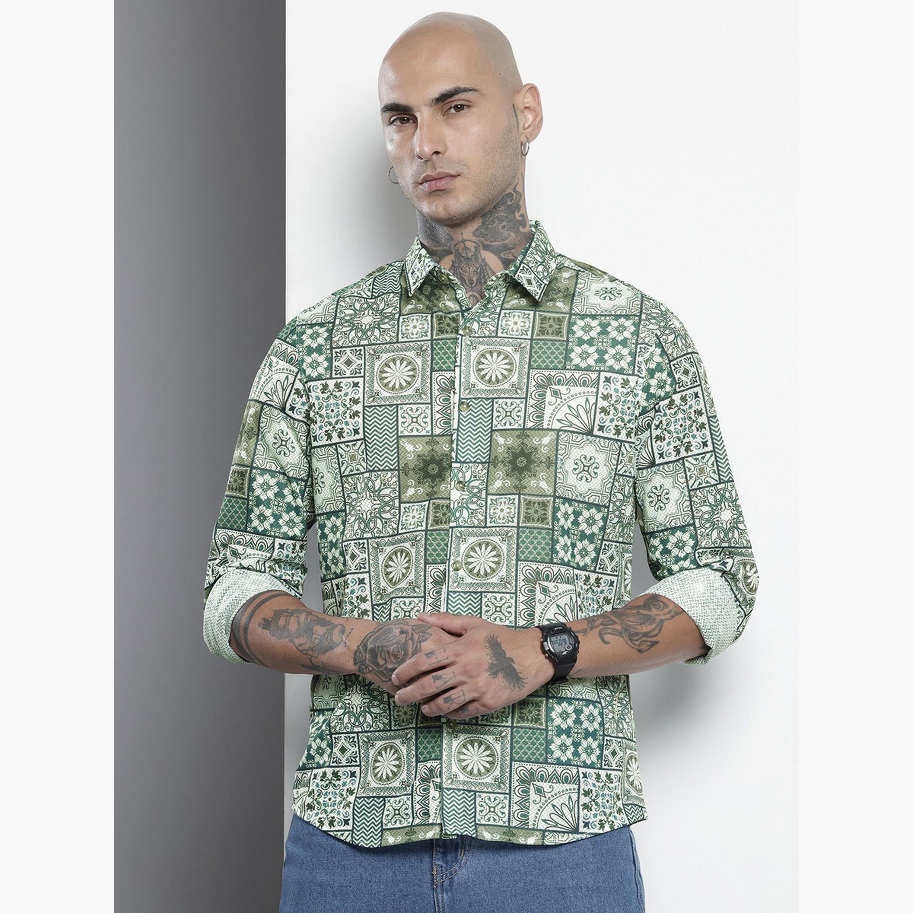 ذا انديان كراج كو × ستايلي - قميص رجالي تصميم عادي بطبعة بلاط لون أخضر-men-clothing-shirts-image-1