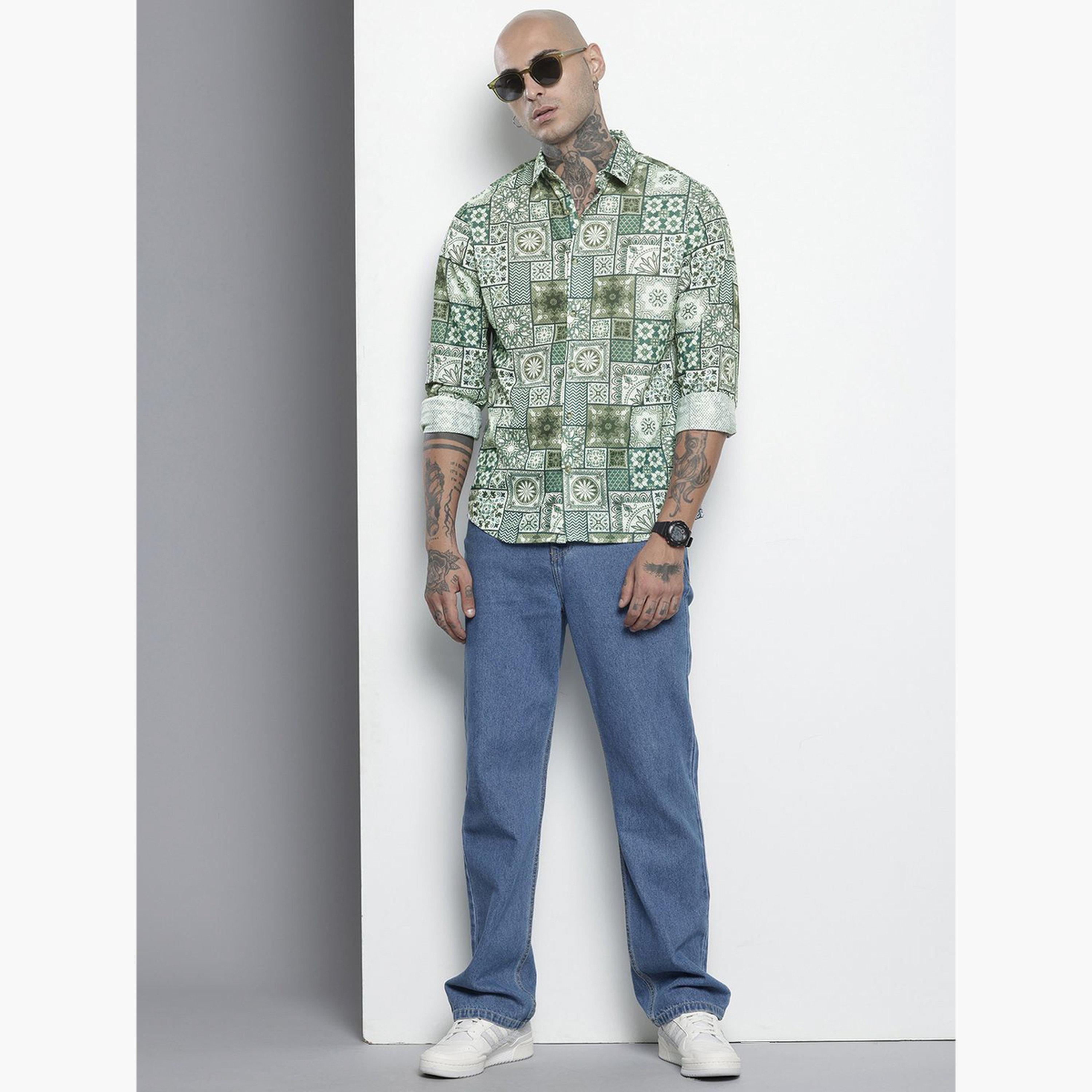 ذا انديان كراج كو × ستايلي - قميص رجالي تصميم عادي بطبعة بلاط لون أخضر-men-clothing-shirts-image-2