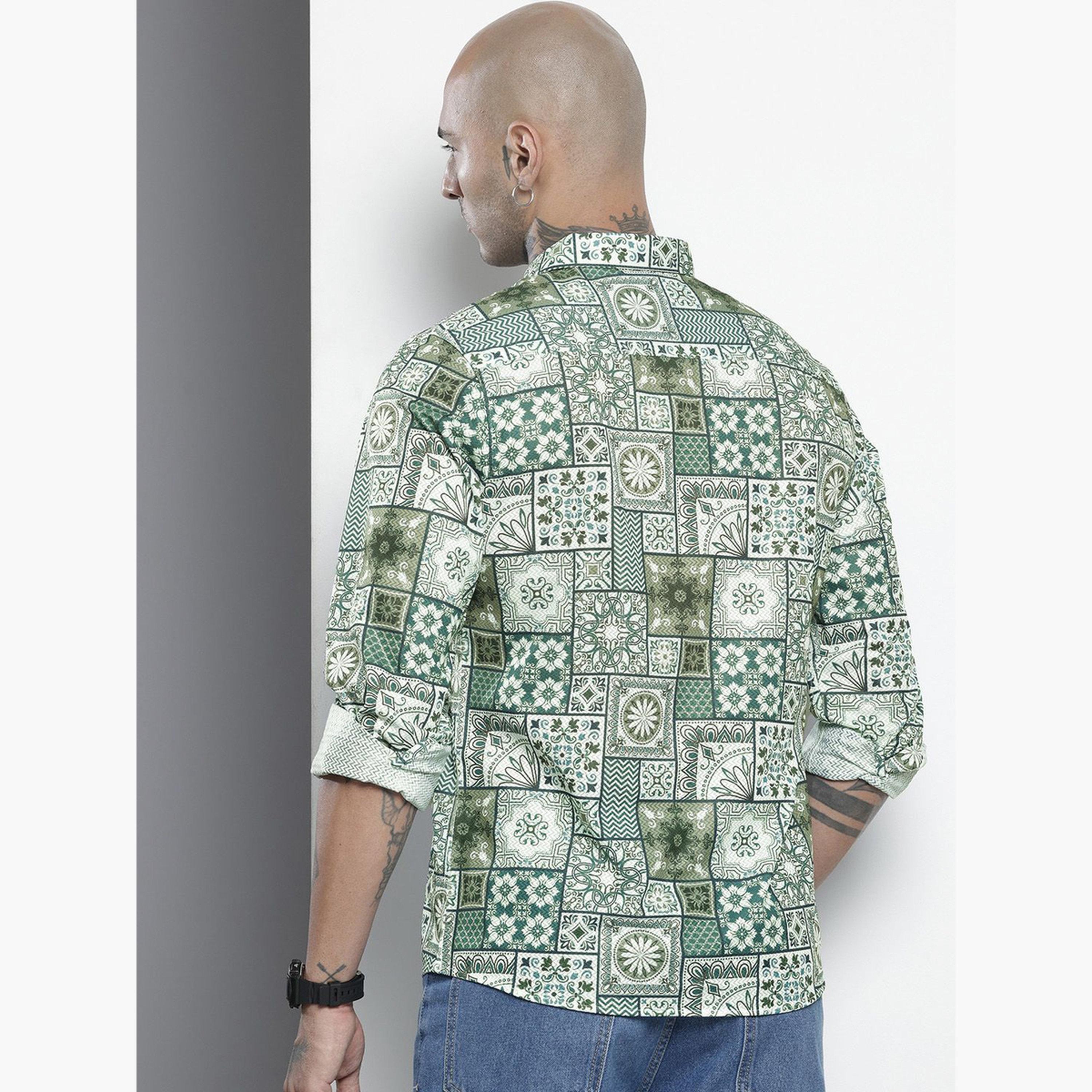 The Indian Garage Co X Styli Men Green Tile Print Regular Fit Shirt-men-clothing-shirts-image-4