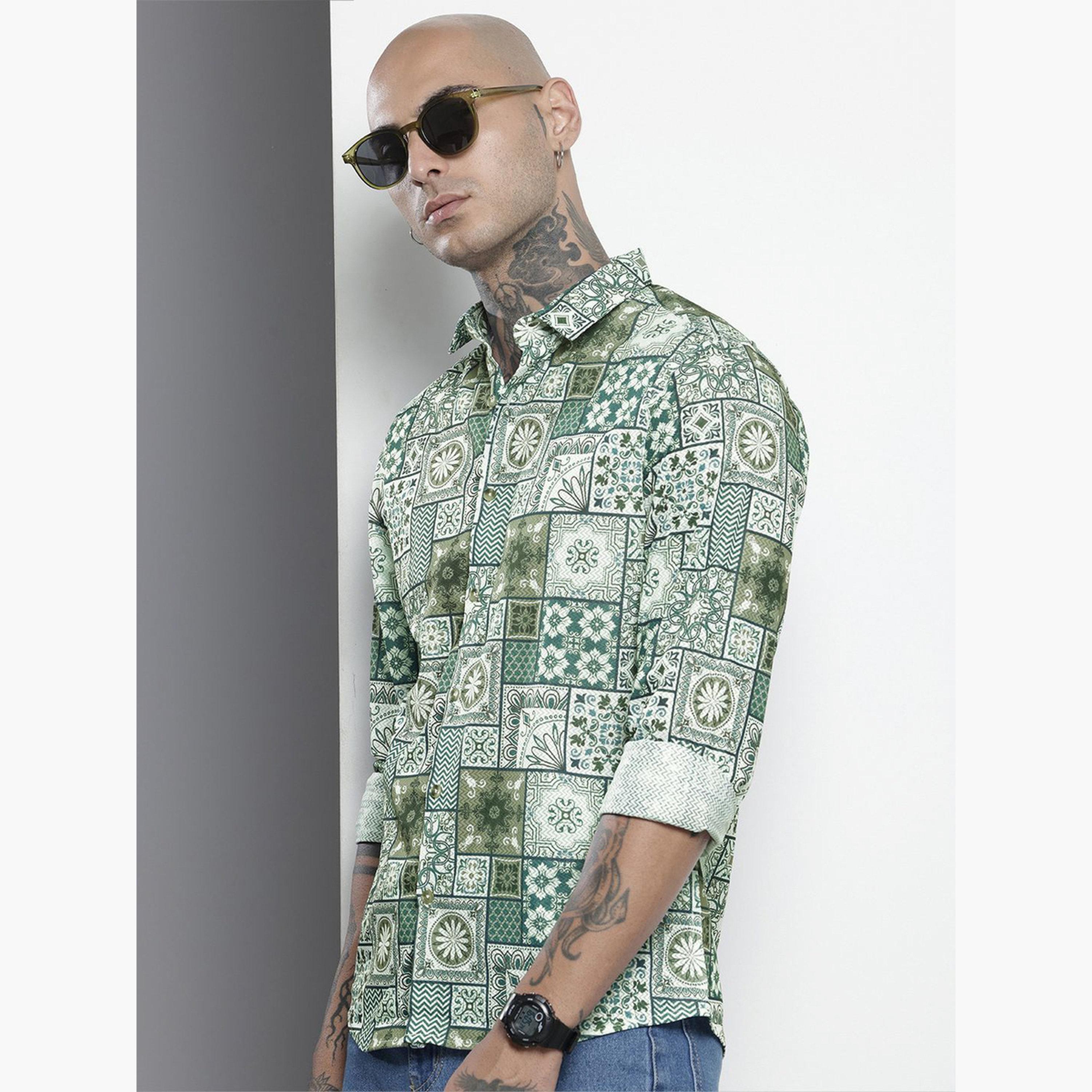 The Indian Garage Co X Styli Men Green Tile Print Regular Fit Shirt-men-clothing-shirts-image-5