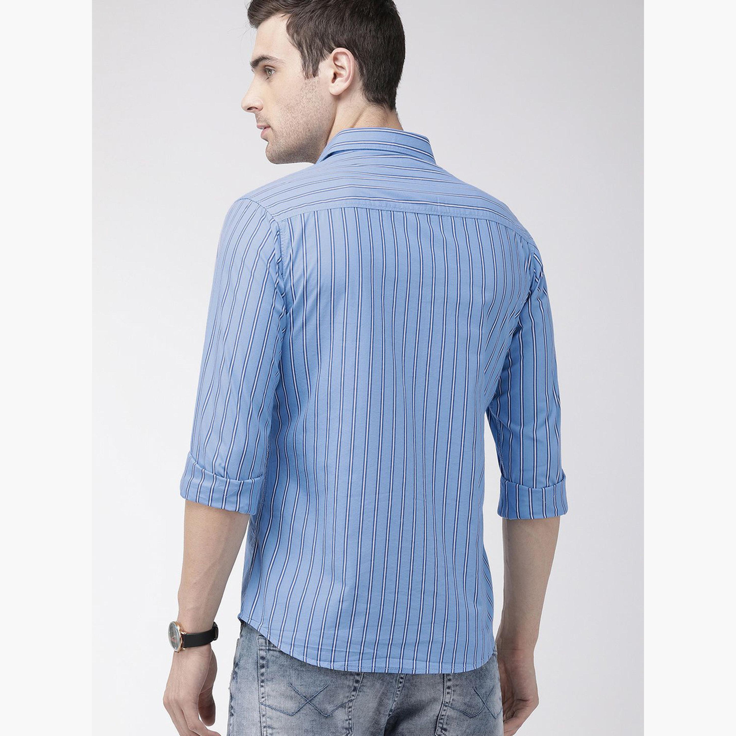 ذا انديان كراج كو × ستايلي - قميص رجالي مخطط لون أزرق بياقة واسعة-men-clothing-shirts-image-4