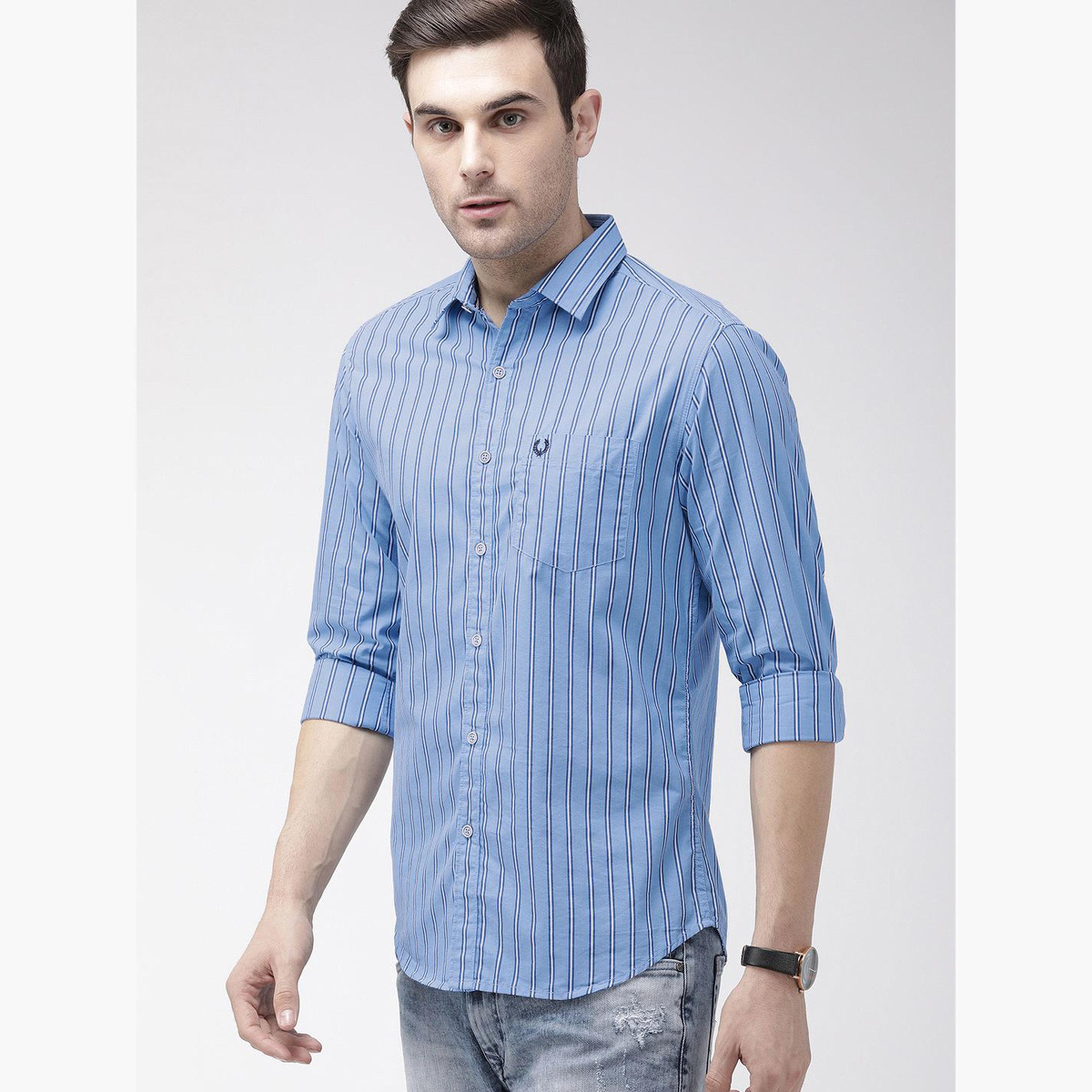 ذا انديان كراج كو × ستايلي - قميص رجالي مخطط لون أزرق بياقة واسعة-men-clothing-shirts-image-5