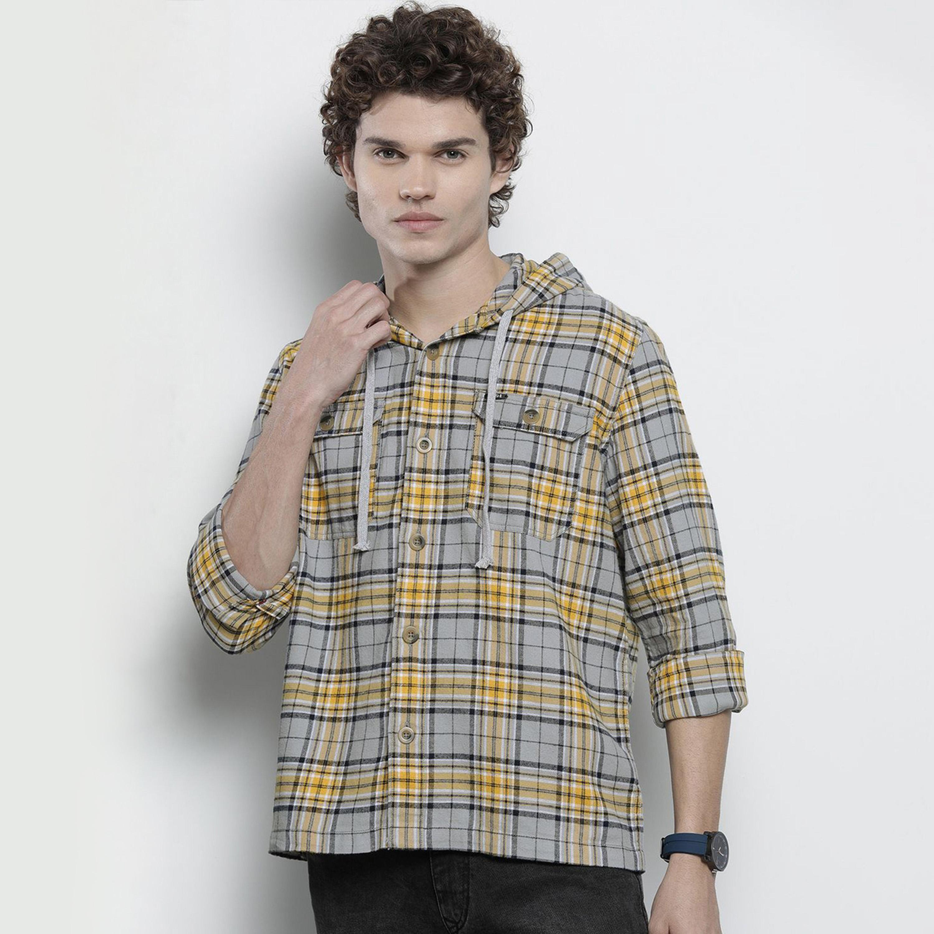 The Indian Garage Co X Styli Men Grey Checked Hooded Shirt-men-clothing-shirts-image-1