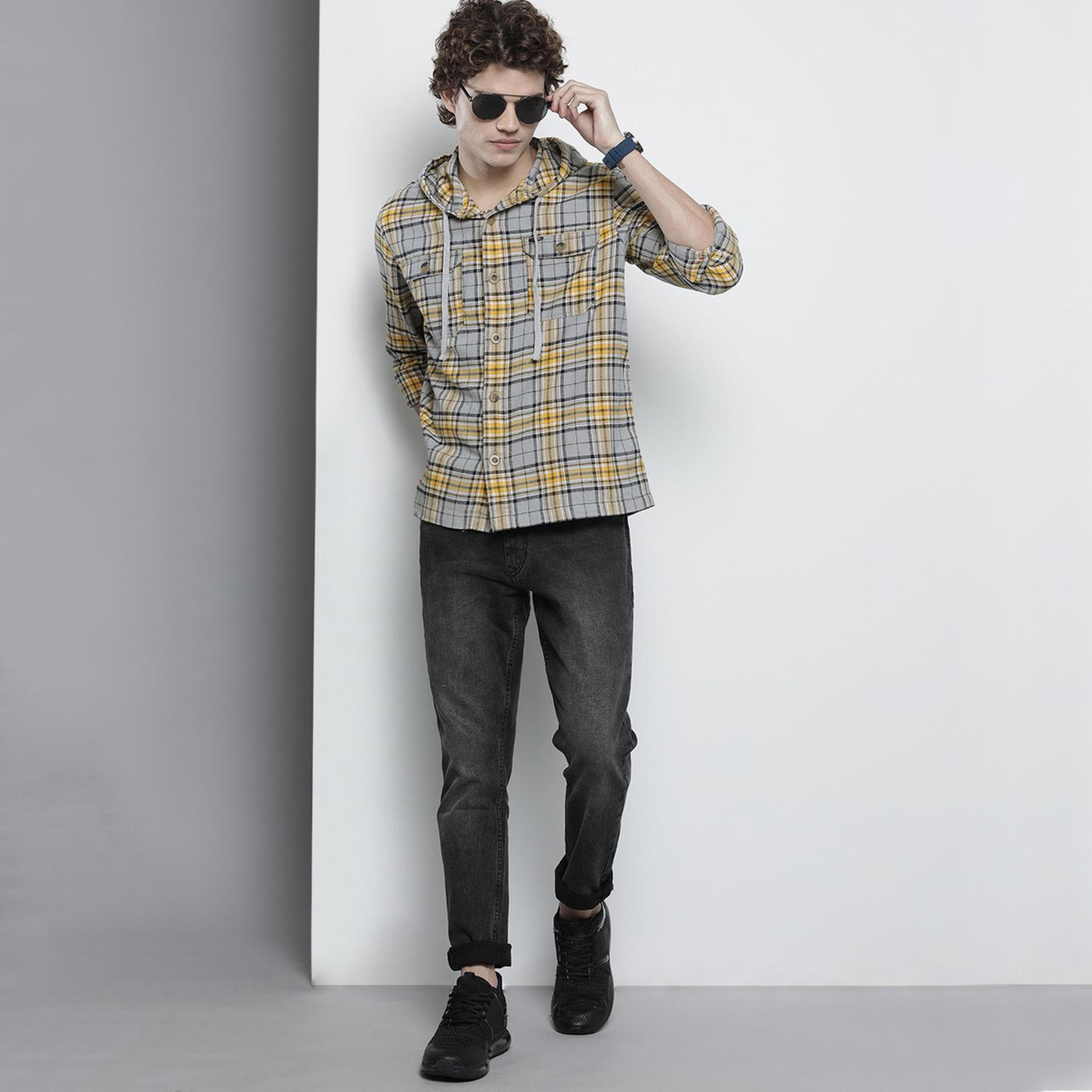 The Indian Garage Co X Styli Men Grey Checked Hooded Shirt-men-clothing-shirts-image-2