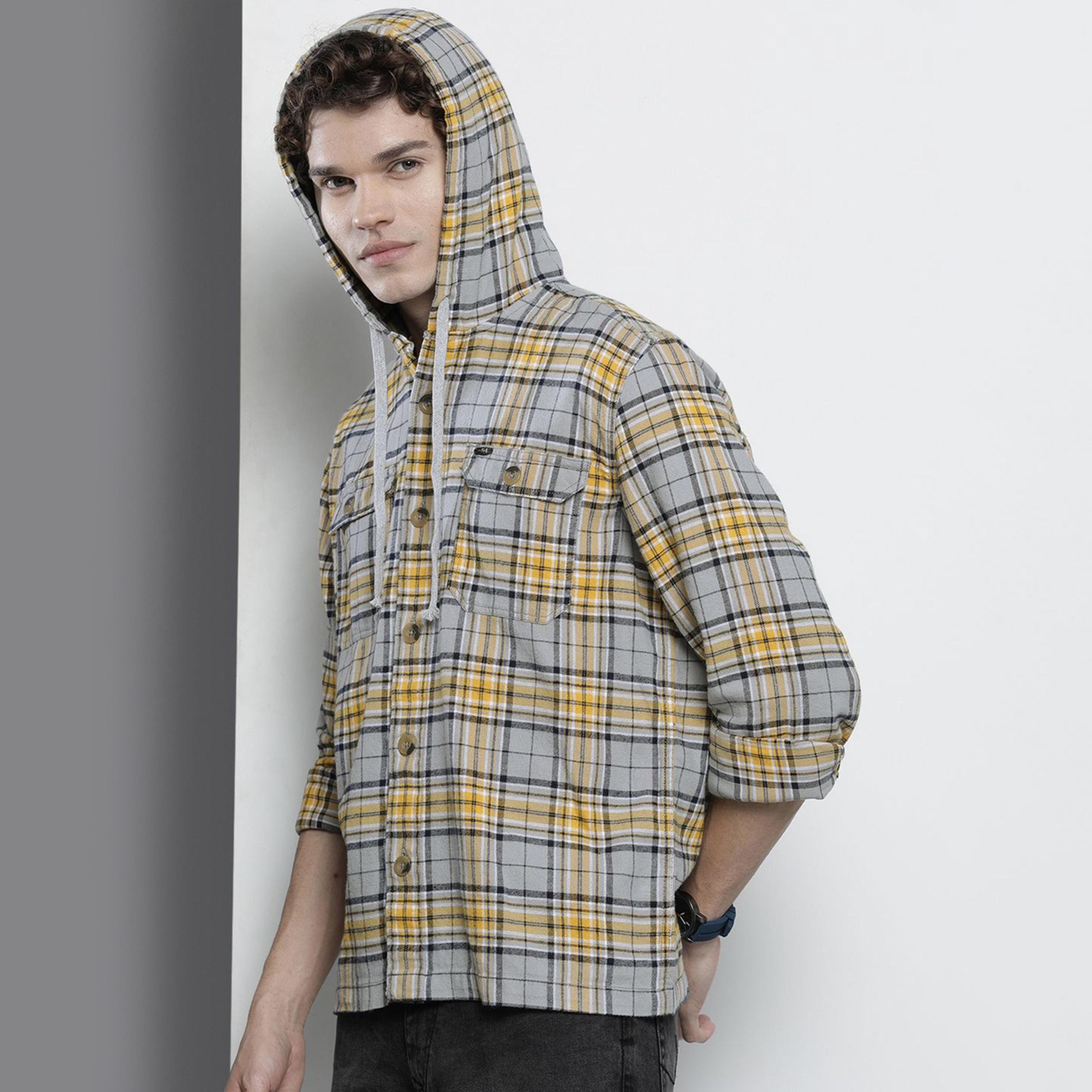The Indian Garage Co X Styli Men Grey Checked Hooded Shirt-men-clothing-shirts-image-3