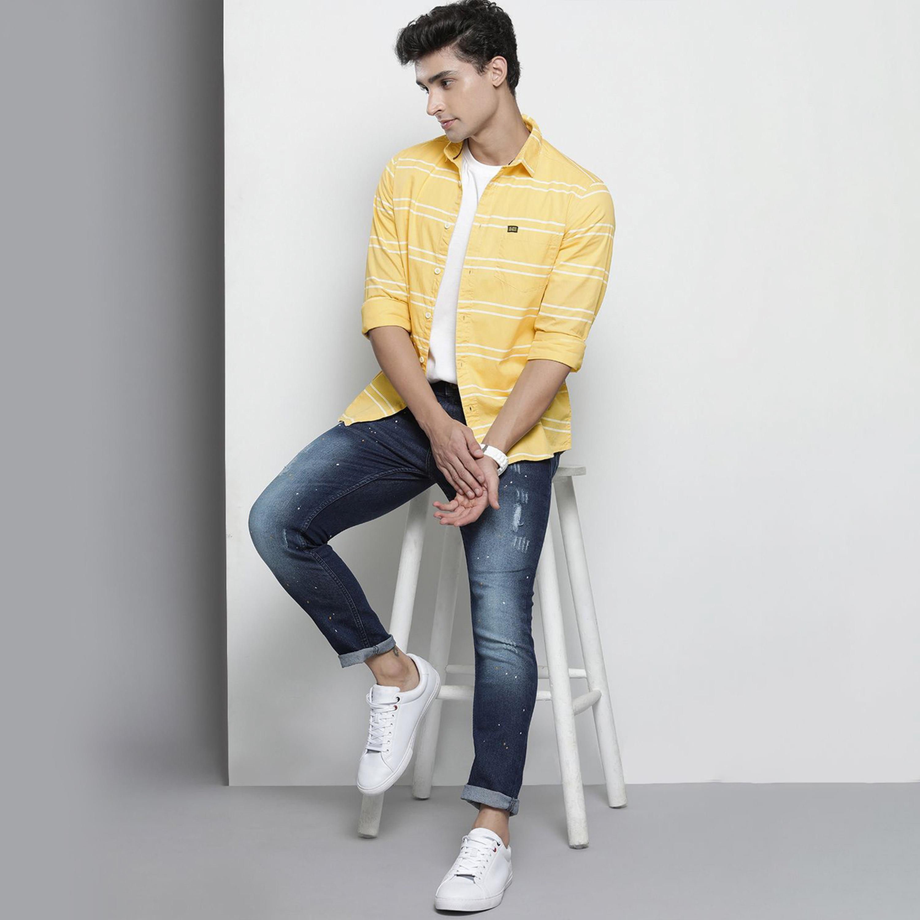 ذا انديان كراج كو × ستايلي - قميص رجالي مخطط تصميم نحيف لون أصفر-men-clothing-shirts-image-2