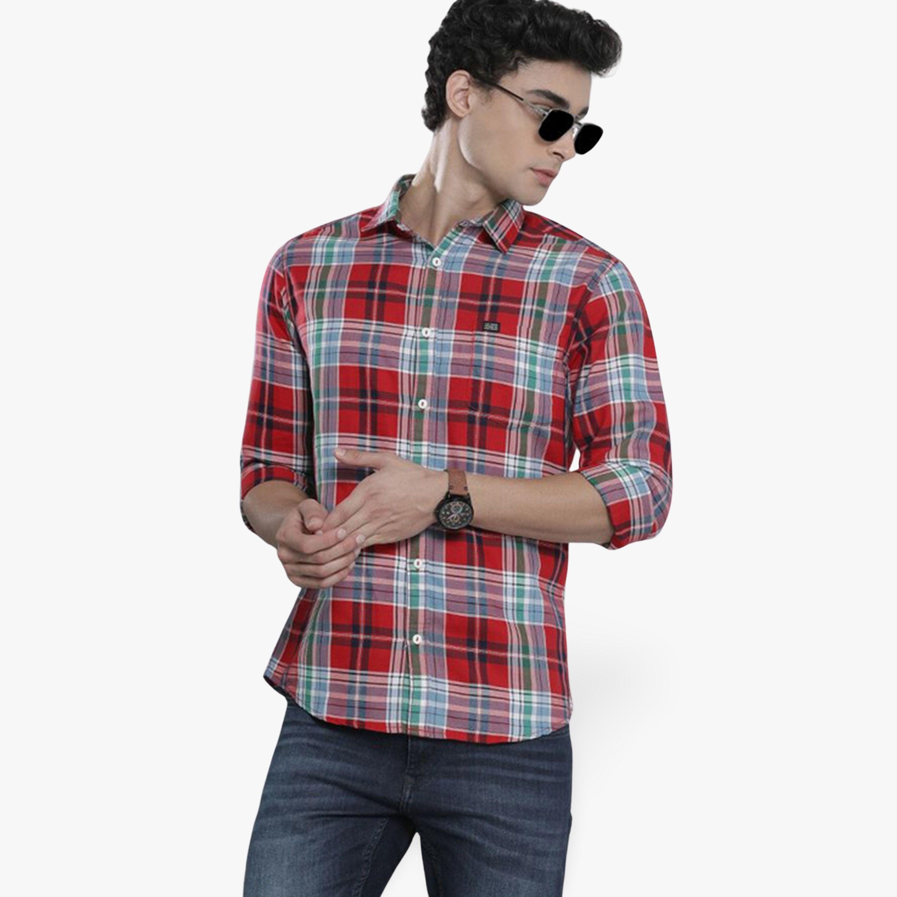 ذا انديان كراج كو × ستايلي - قميص رجالي تصميم نحيف كاجوال منقوش لون أحمر-men-clothing-shirts-image-1