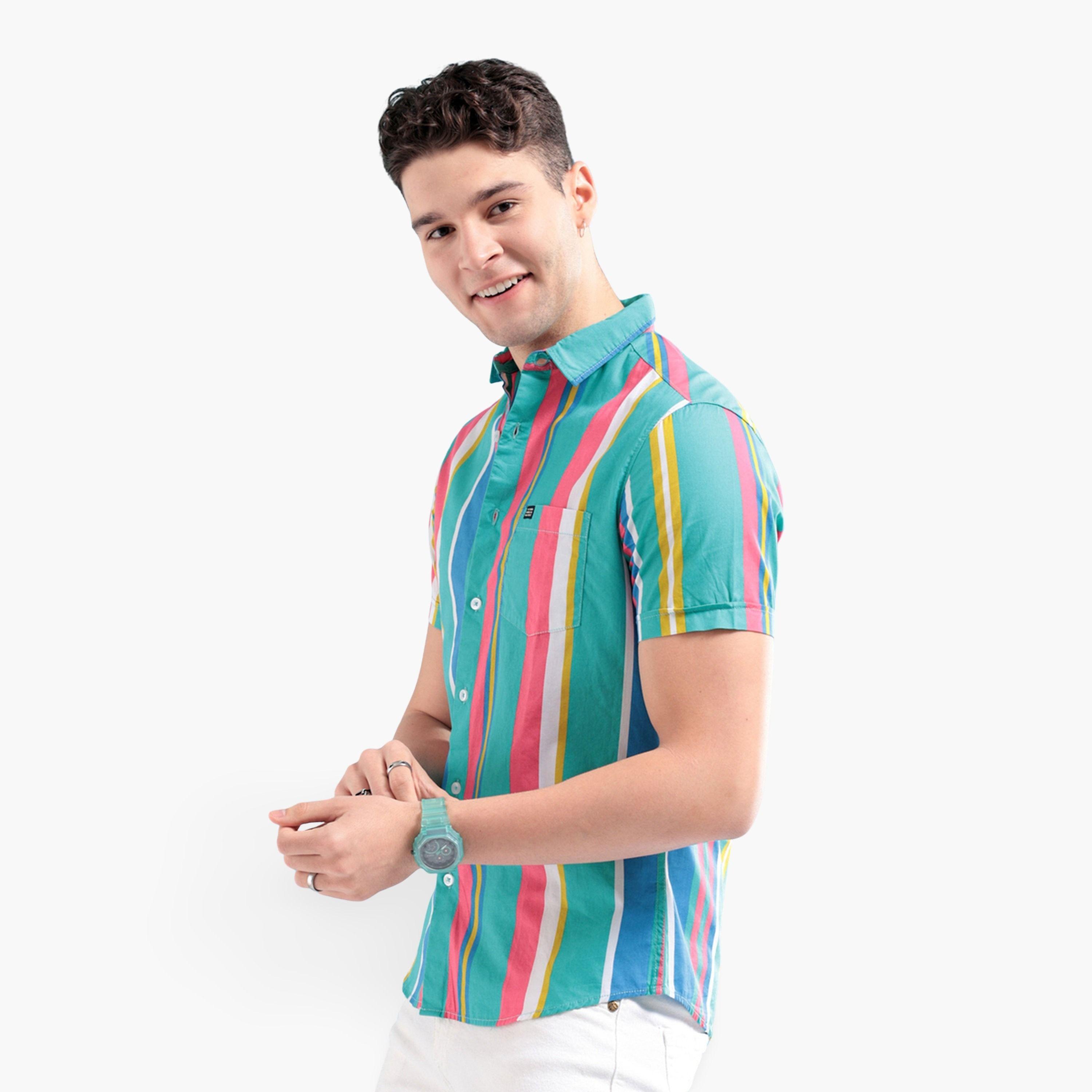 ذا انديان كراج كو × ستايلي - قميص رجالي مخطط متعدد الألوان بأكمام قصيرة-men-clothing-shirts-image-1