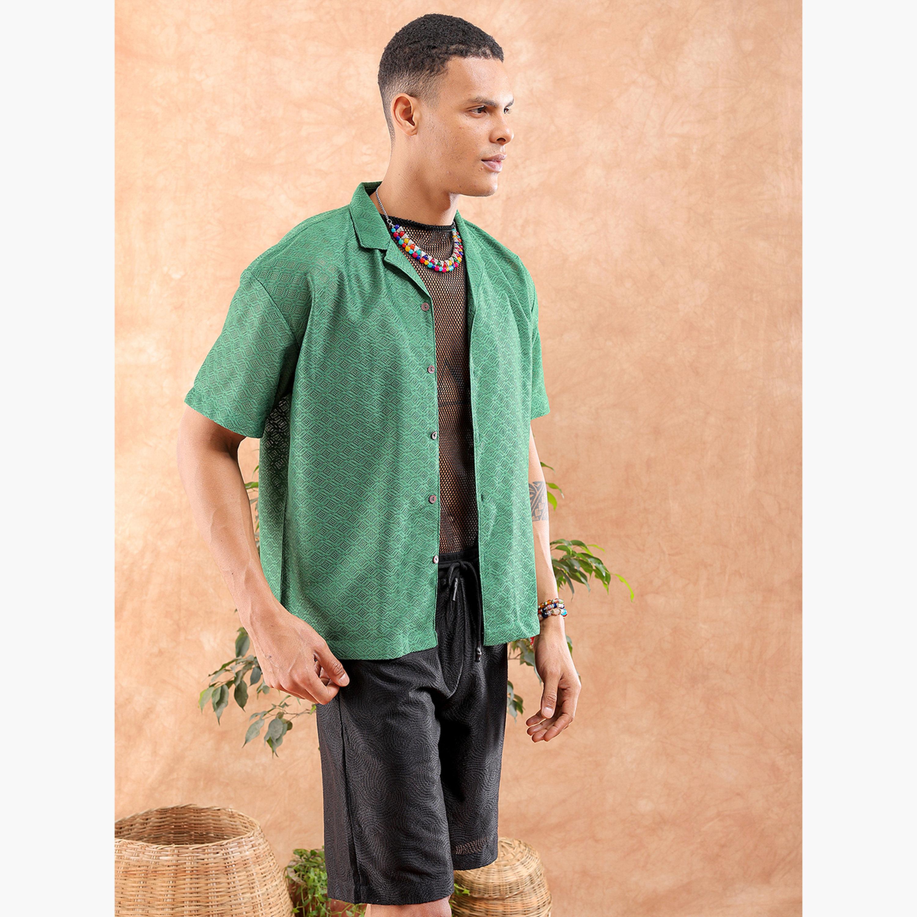 ذا انديان كراج كو × ستايلي - قميص رجالي منقوش ياقة مفتوحة لون أخضر-men-clothing-shirts-image-3