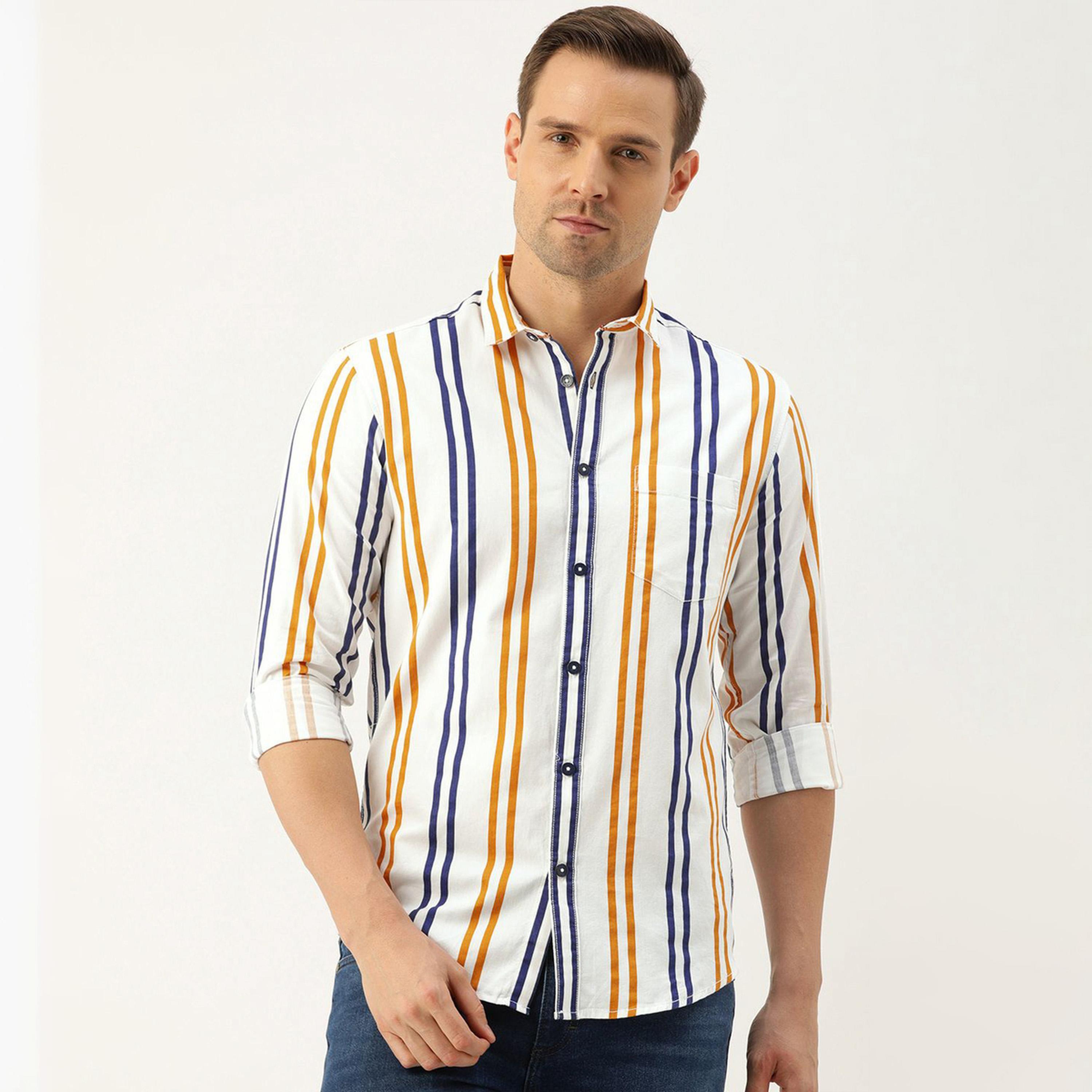 ذا انديان كراج كو × ستايلي - قميص رجالي كاجوال مخطط لون أبيض تصميم نحيف-men-clothing-shirts-image-1