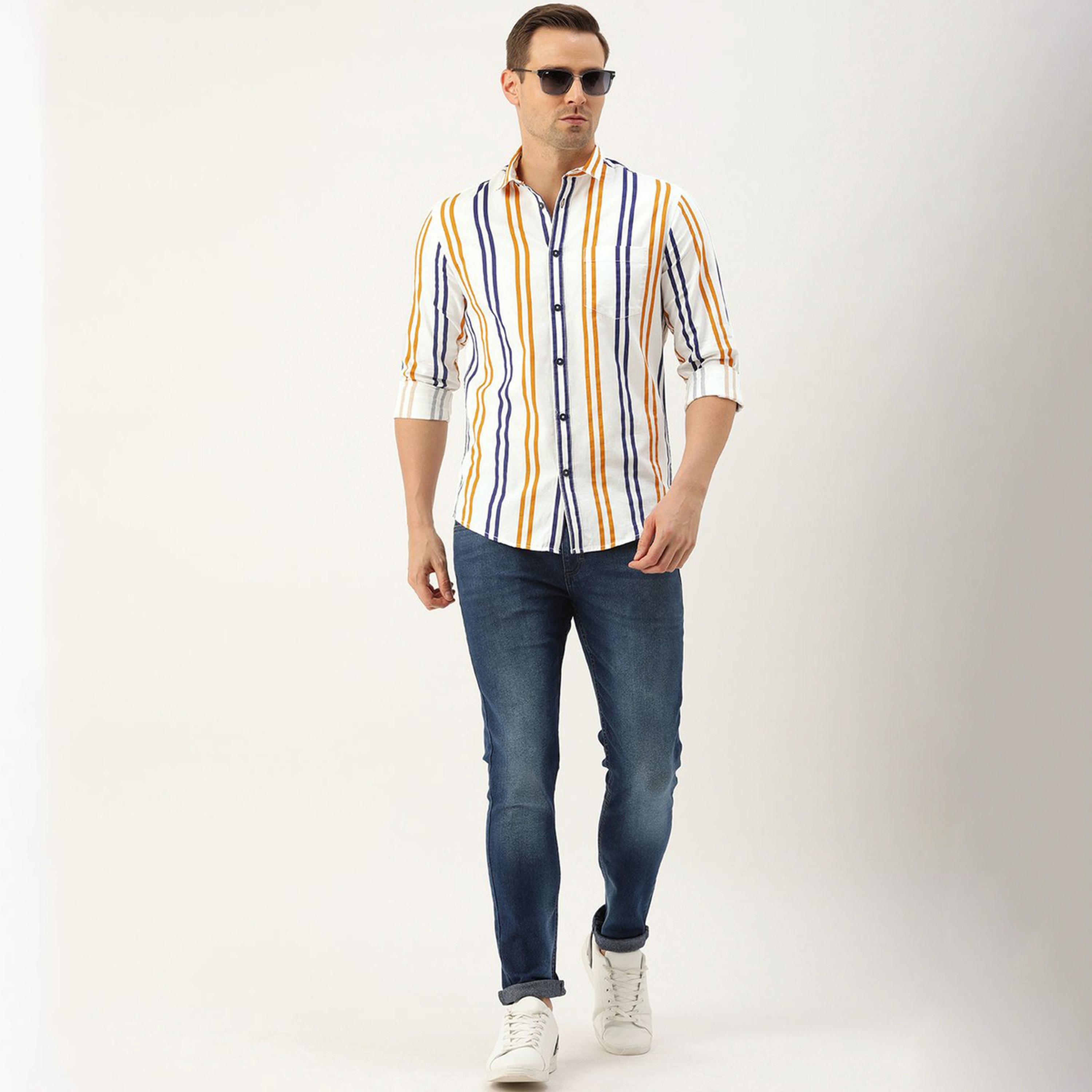 ذا انديان كراج كو × ستايلي - قميص رجالي كاجوال مخطط لون أبيض تصميم نحيف-men-clothing-shirts-image-2