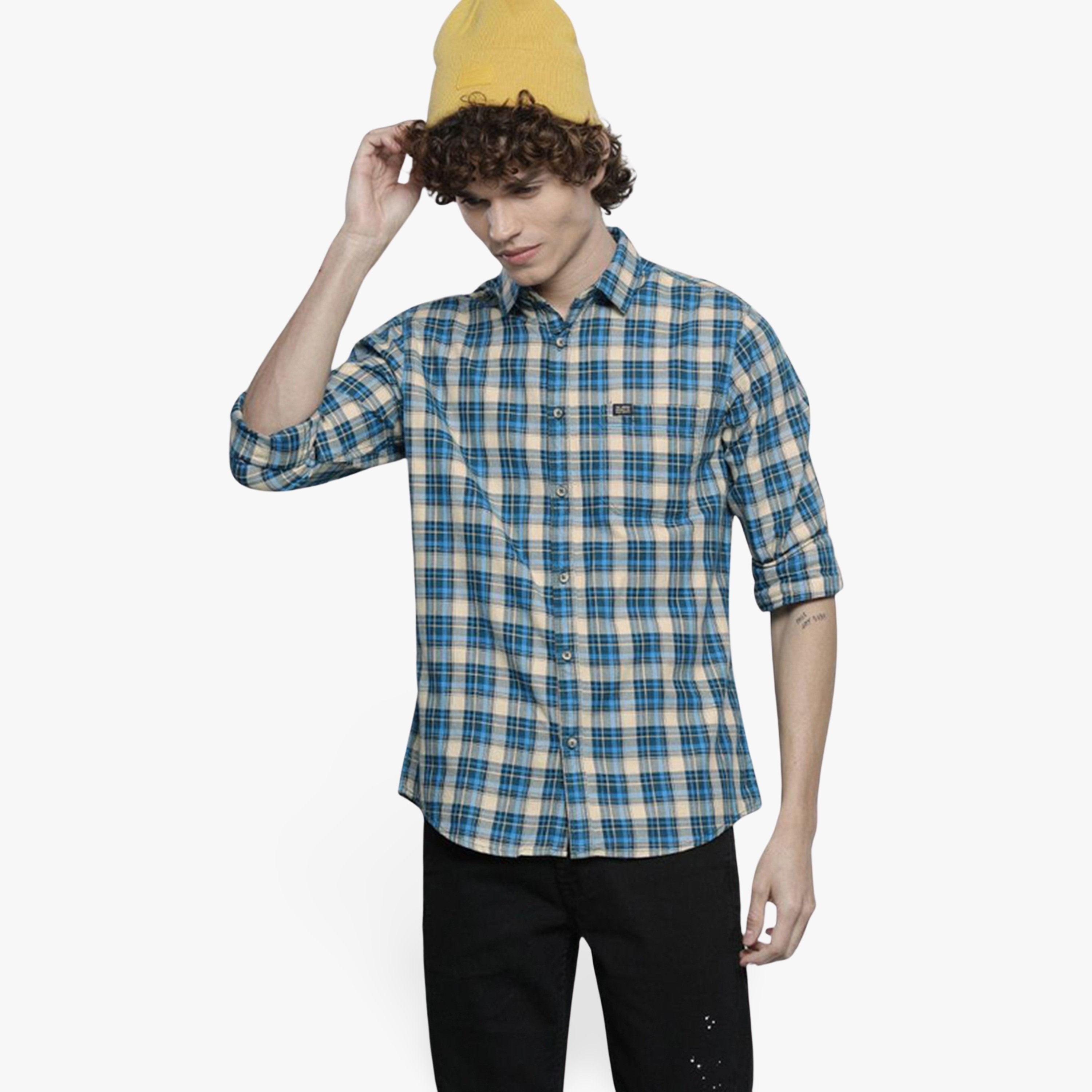 ذا انديان كراج كو × ستايلي - قميص رجالي تصميم نحيف كاجوال منقوش لون الأزرق-men-clothing-shirts-image-1