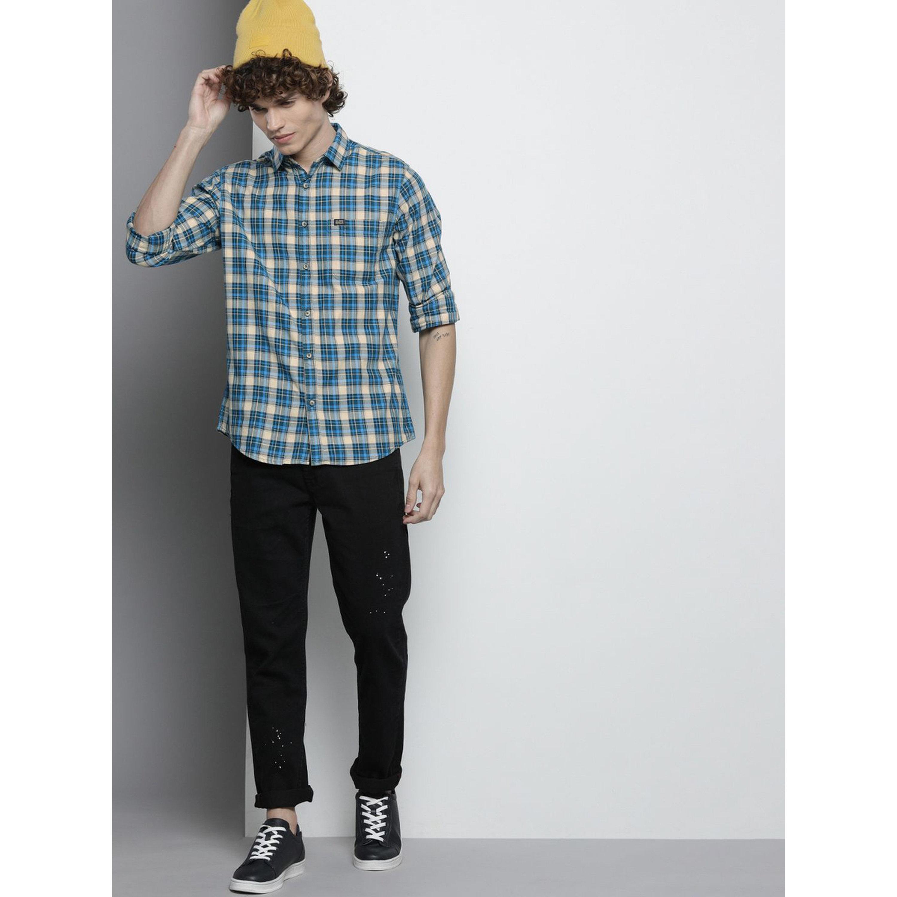 ذا انديان كراج كو × ستايلي - قميص رجالي تصميم نحيف كاجوال منقوش لون الأزرق-men-clothing-shirts-image-2
