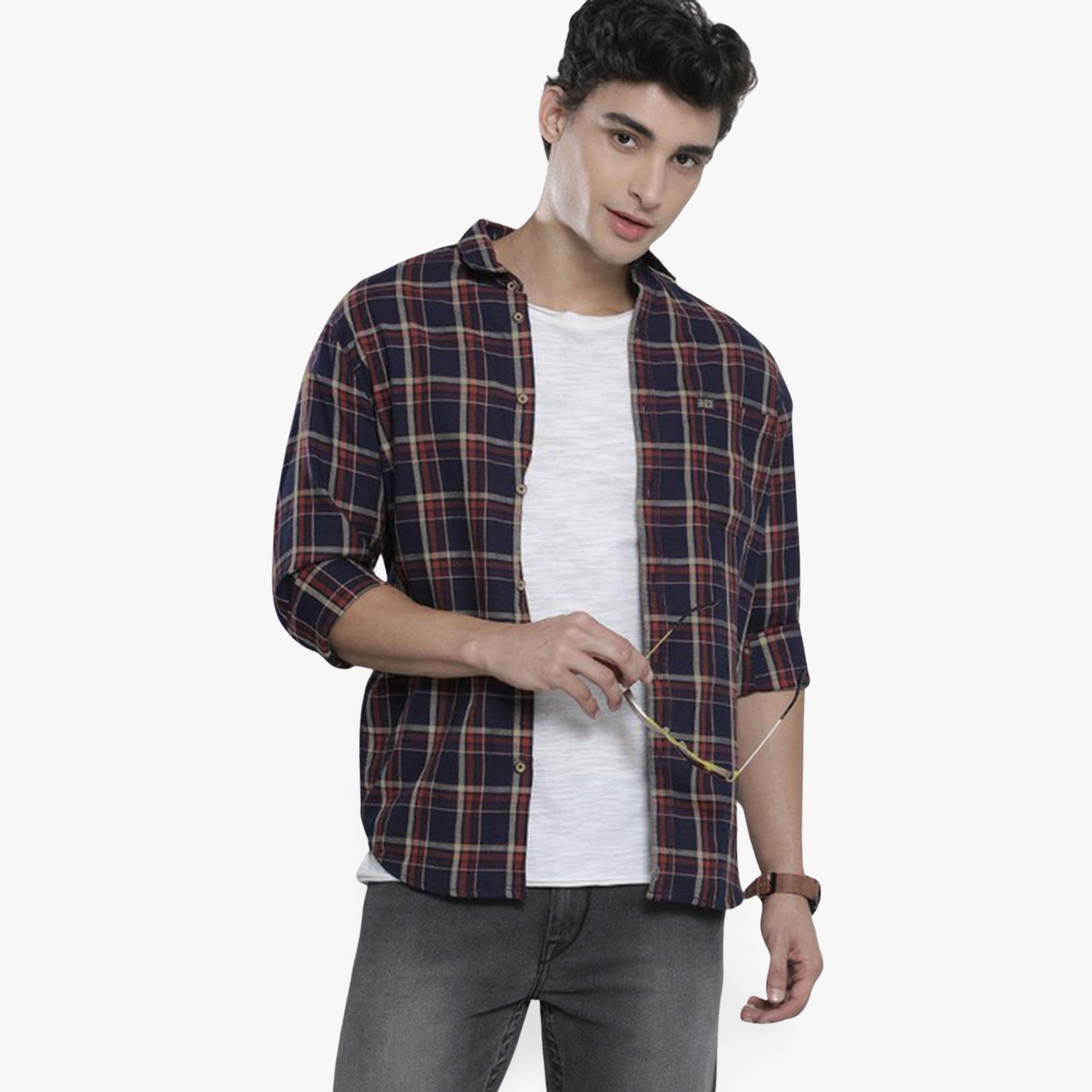 The Indian Garage Co X Styli Men Navy Blue Checked Slim Fit Shirt-men-clothing-shirts-image-1