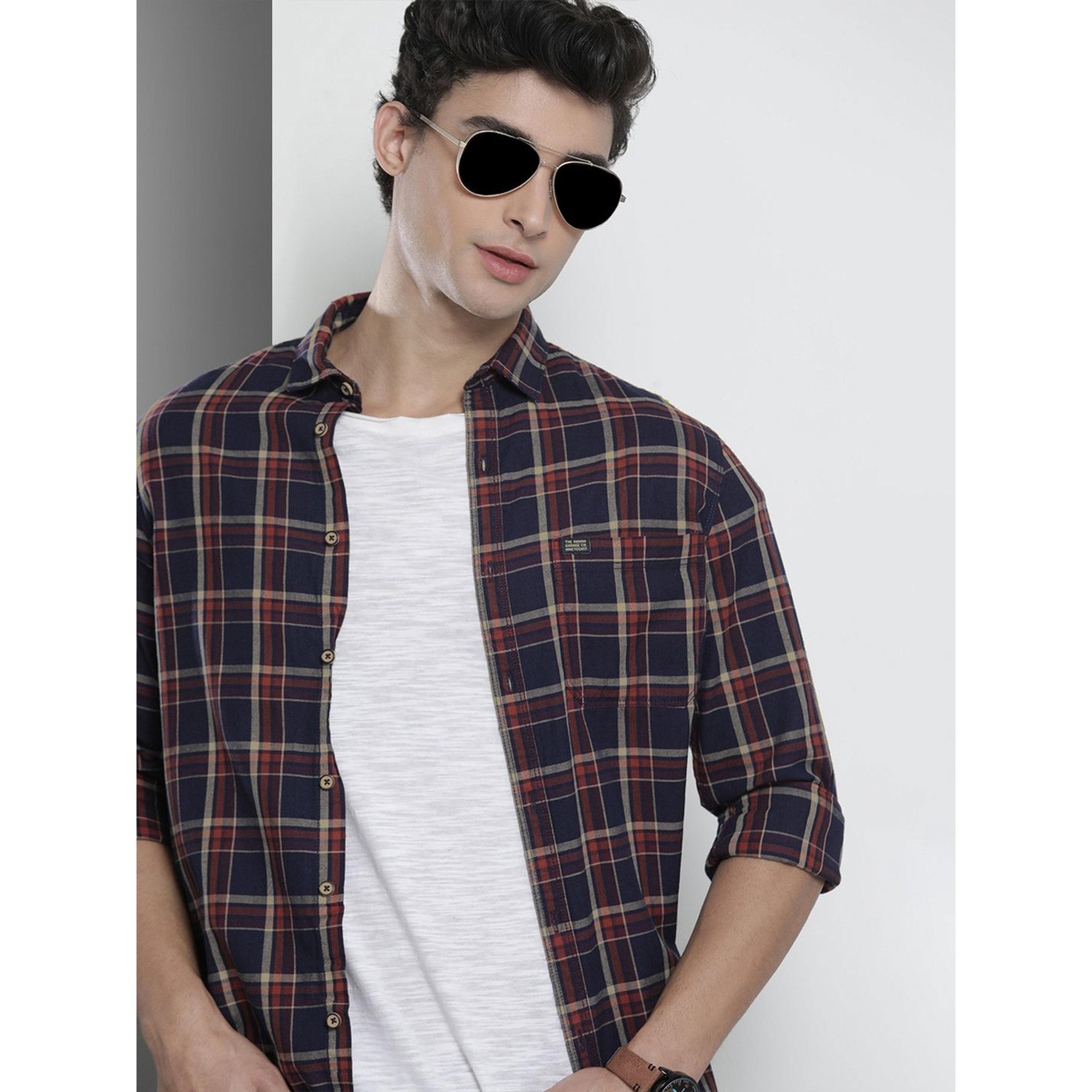 ذا انديان كراج كو × ستايلي - قميص رجالي تصميم نحيف منقوش أزرق داكن-men-clothing-shirts-image-2