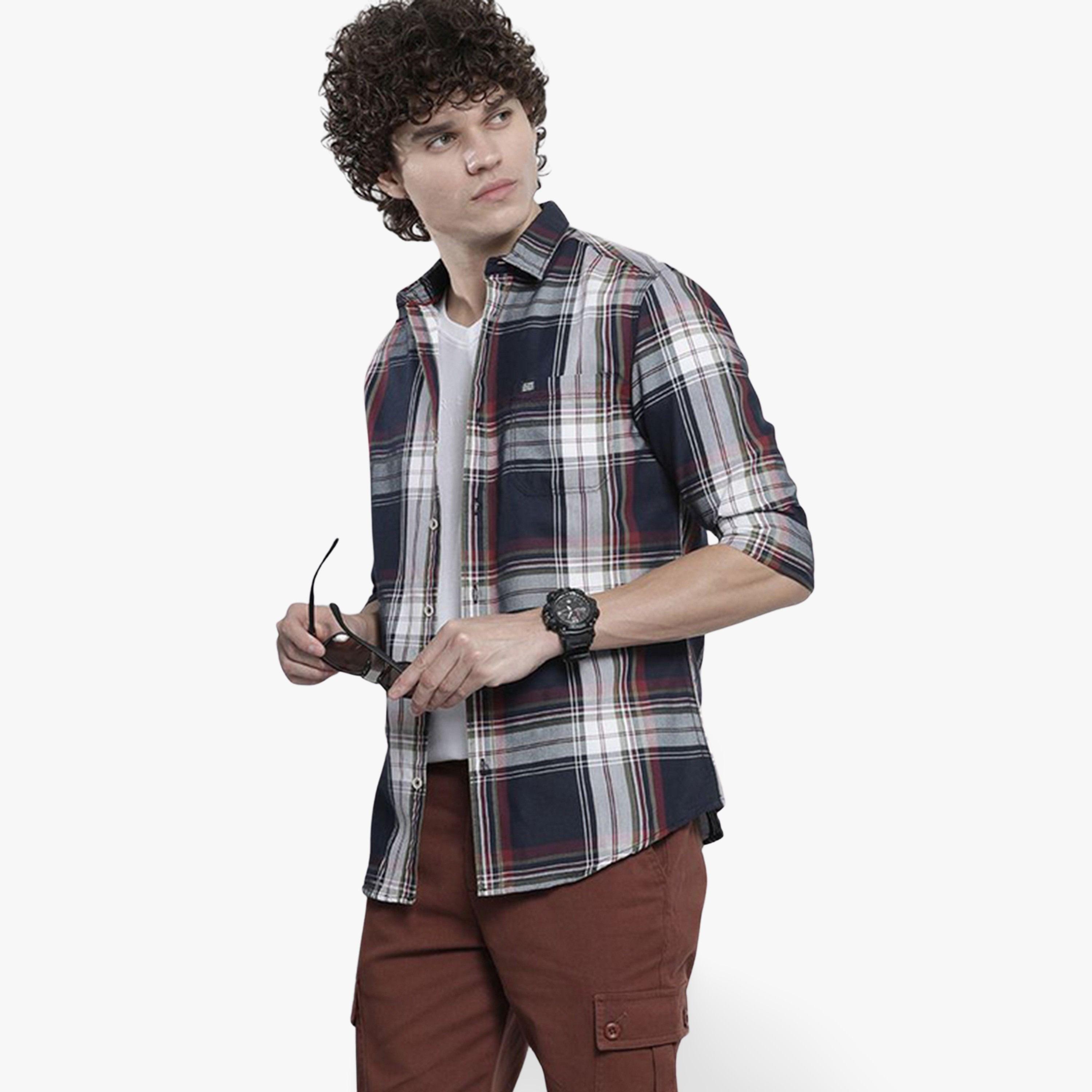 The Indian Garage Co X Styli Men Navy Blue Checked Casual Shirt-men-clothing-shirts-image-1