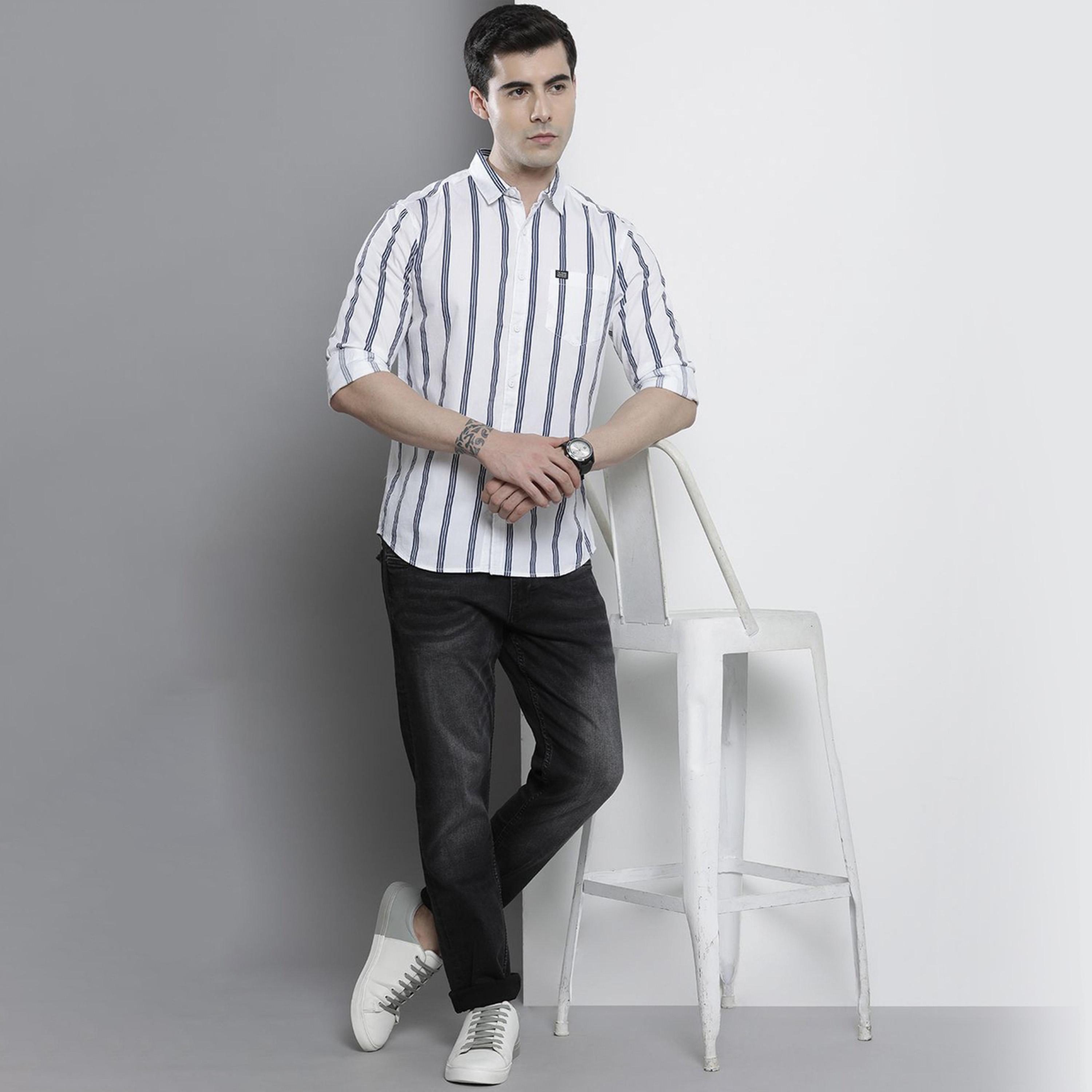The Indian Garage Co X Styli Men White Striped Slim Collar Shirt-men-clothing-shirts-image-2