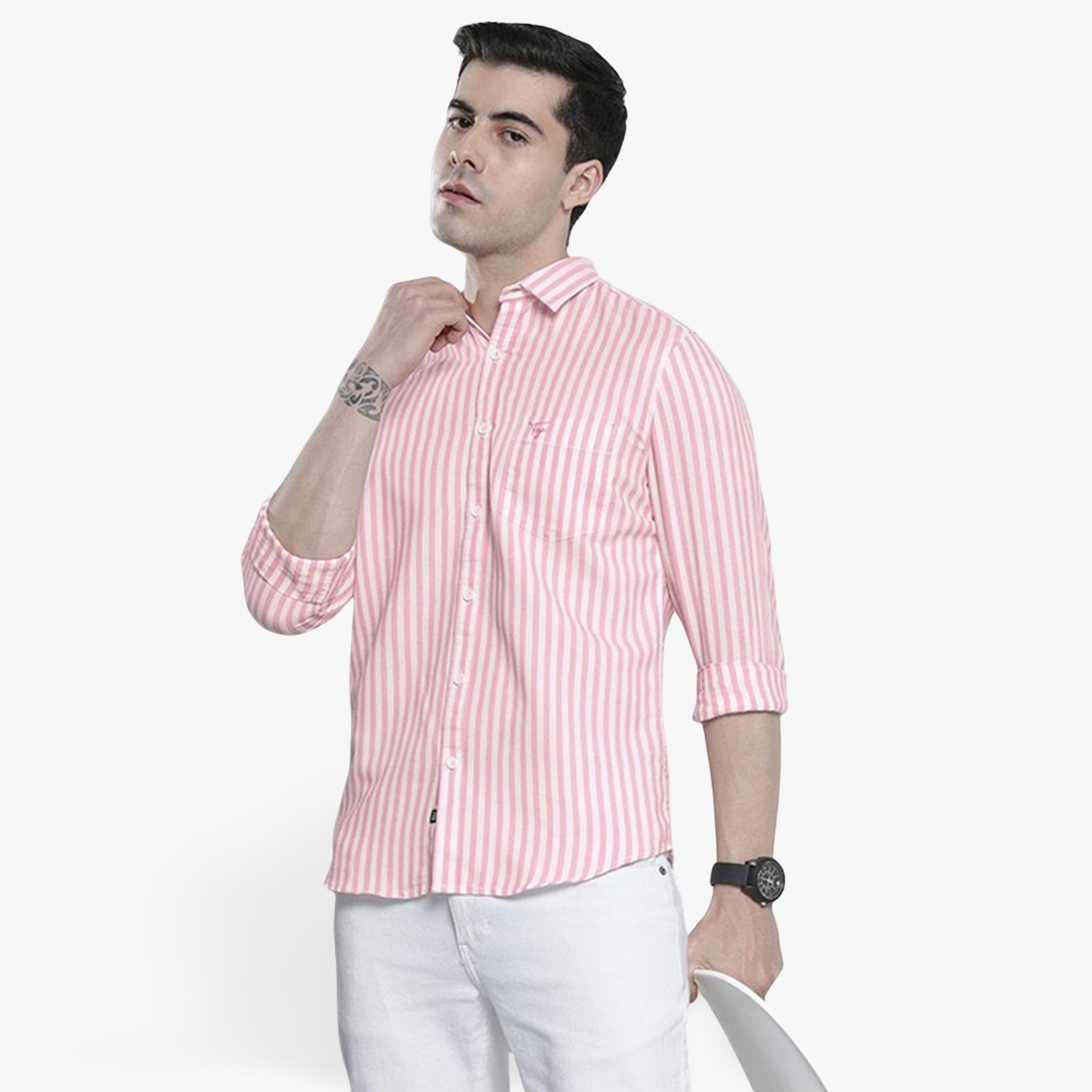ذا انديان كراج كو × ستايلي - قميص رجالي مخطط ياقة واسعة لون وردي-men-clothing-shirts-image-1