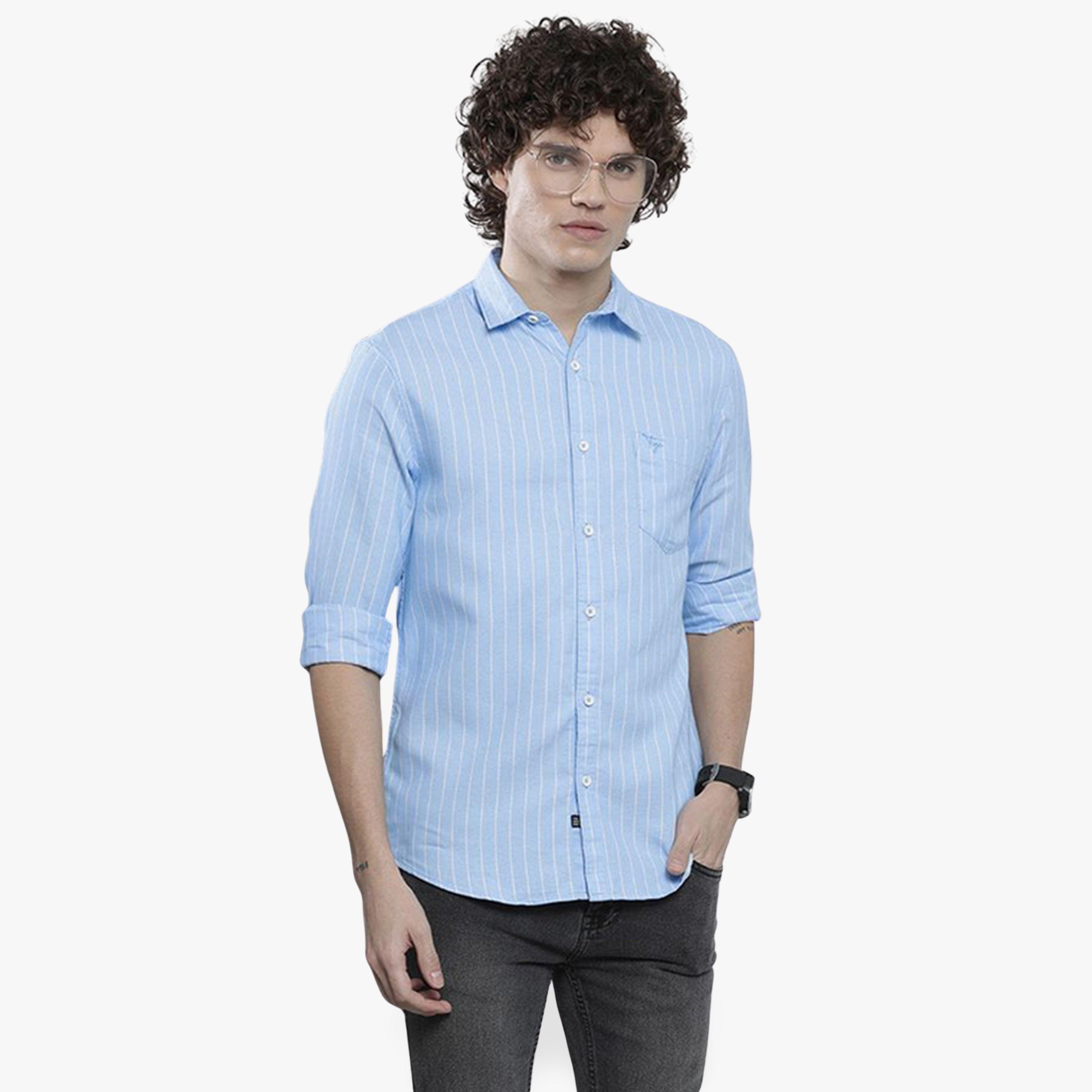 ذا انديان كراج كو × ستايلي - قميص رجالي مخطط لون أزرق بياقة واسعة-men-clothing-shirts-image-1