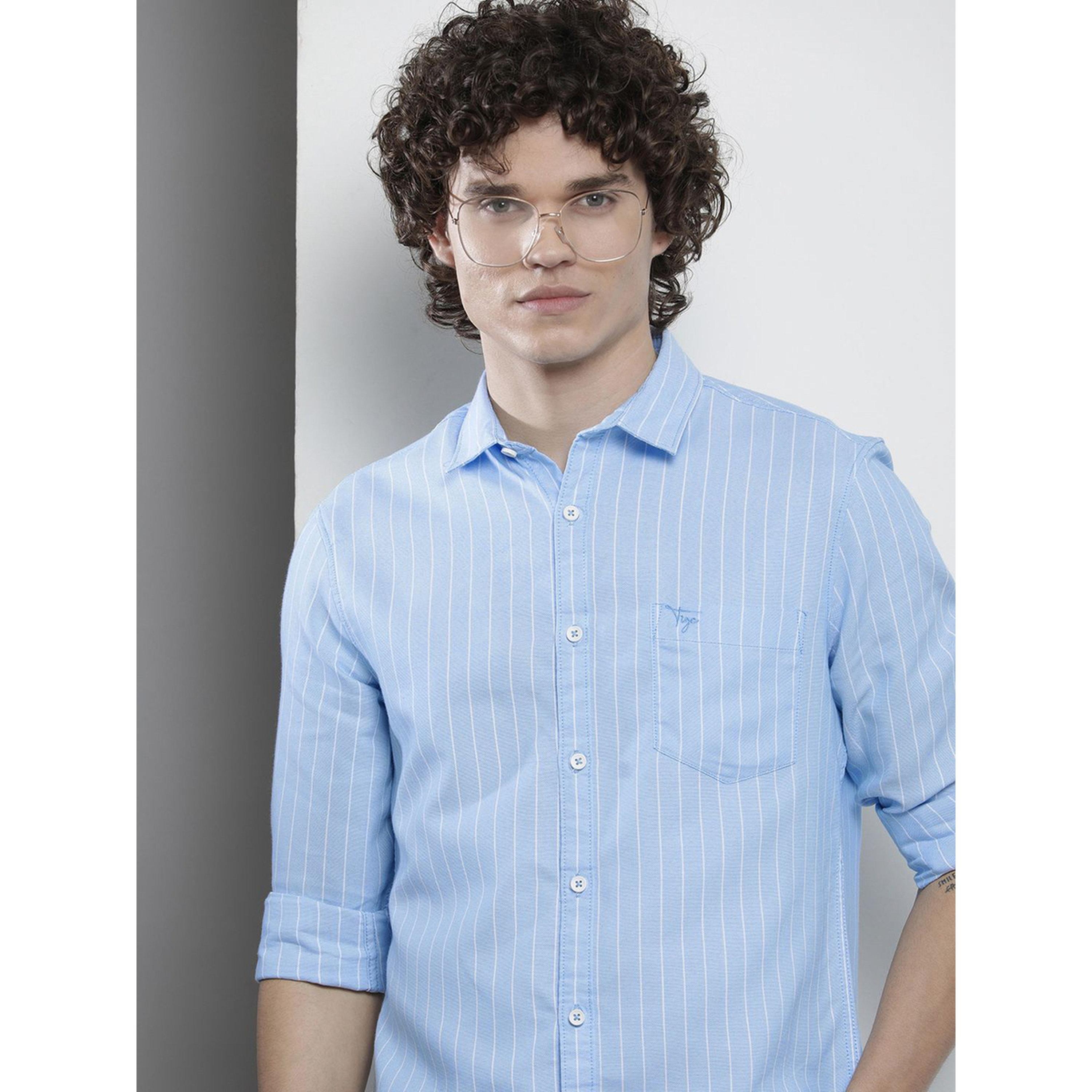 ذا انديان كراج كو × ستايلي - قميص رجالي مخطط لون أزرق بياقة واسعة-men-clothing-shirts-image-2