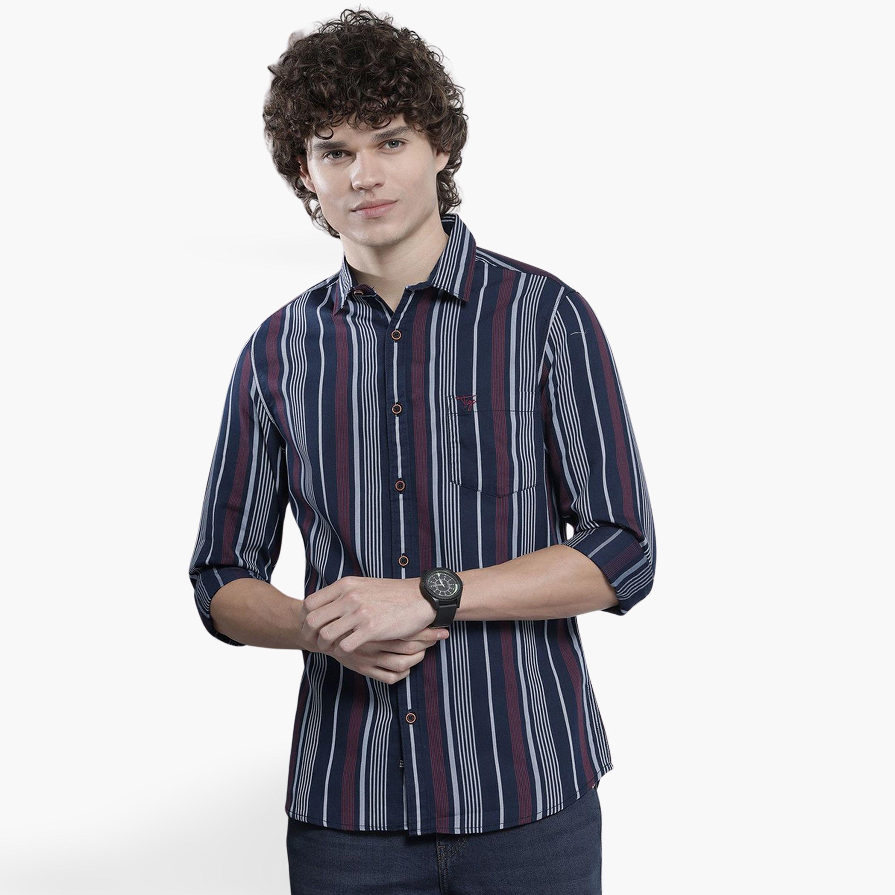 The Indian Garage Co X Styli Men Navy Striped Spread Collar Shirt-men-clothing-shirts-image-1