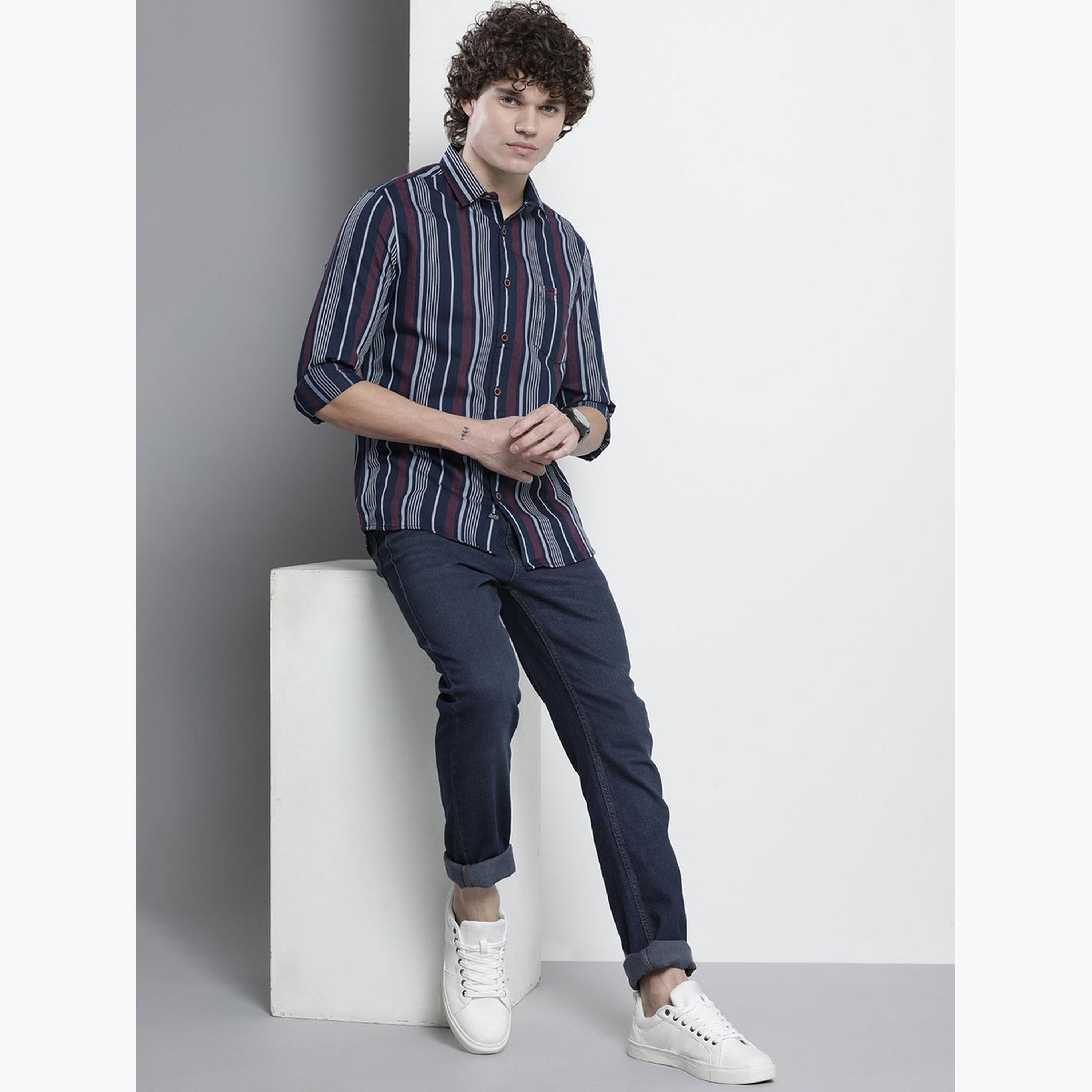 The Indian Garage Co X Styli Men Navy Striped Spread Collar Shirt-men-clothing-shirts-image-2