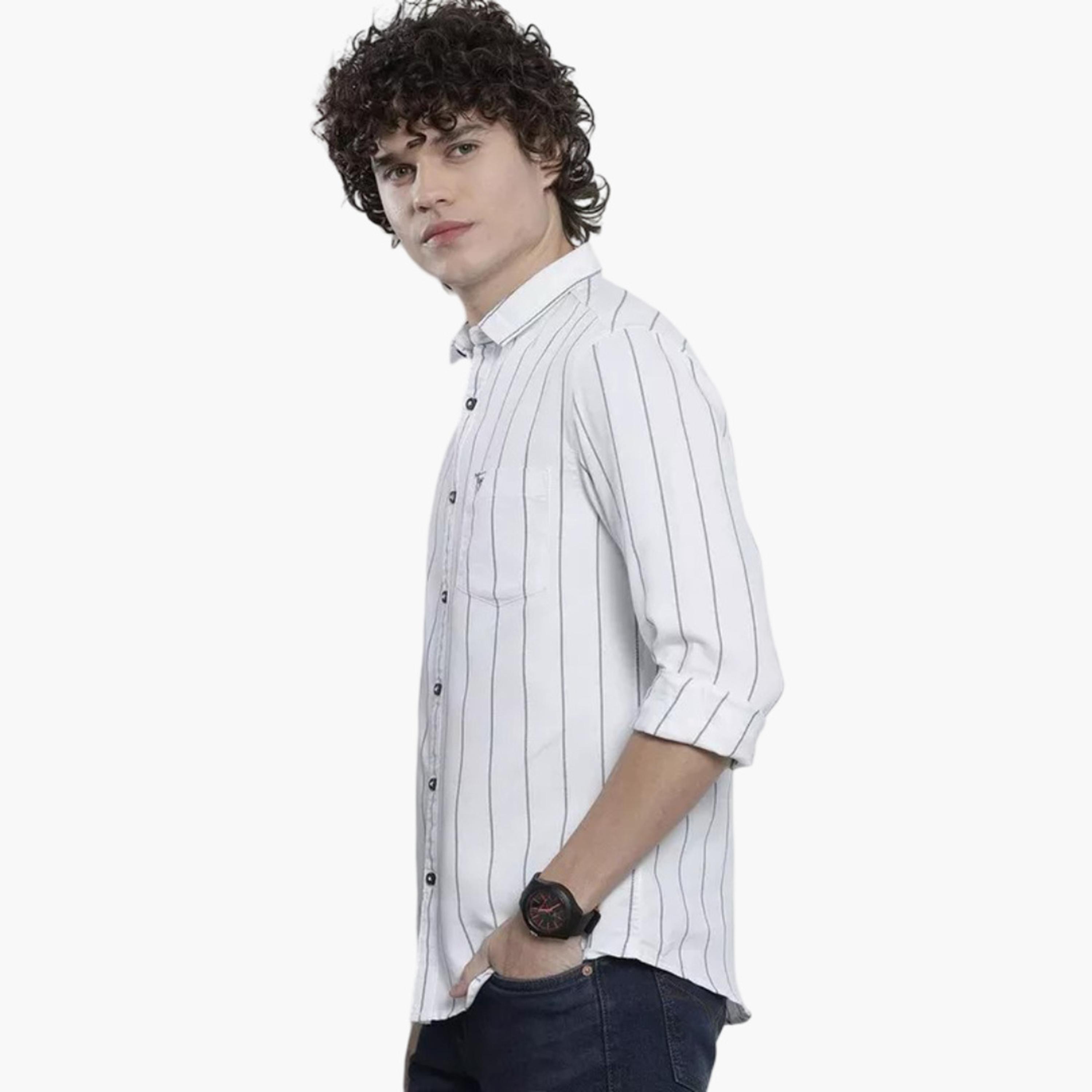 ذا انديان كراج كو × ستايلي - قميص رجالي مخطط بياقة ضيقة لون أبيض-men-clothing-shirts-image-1
