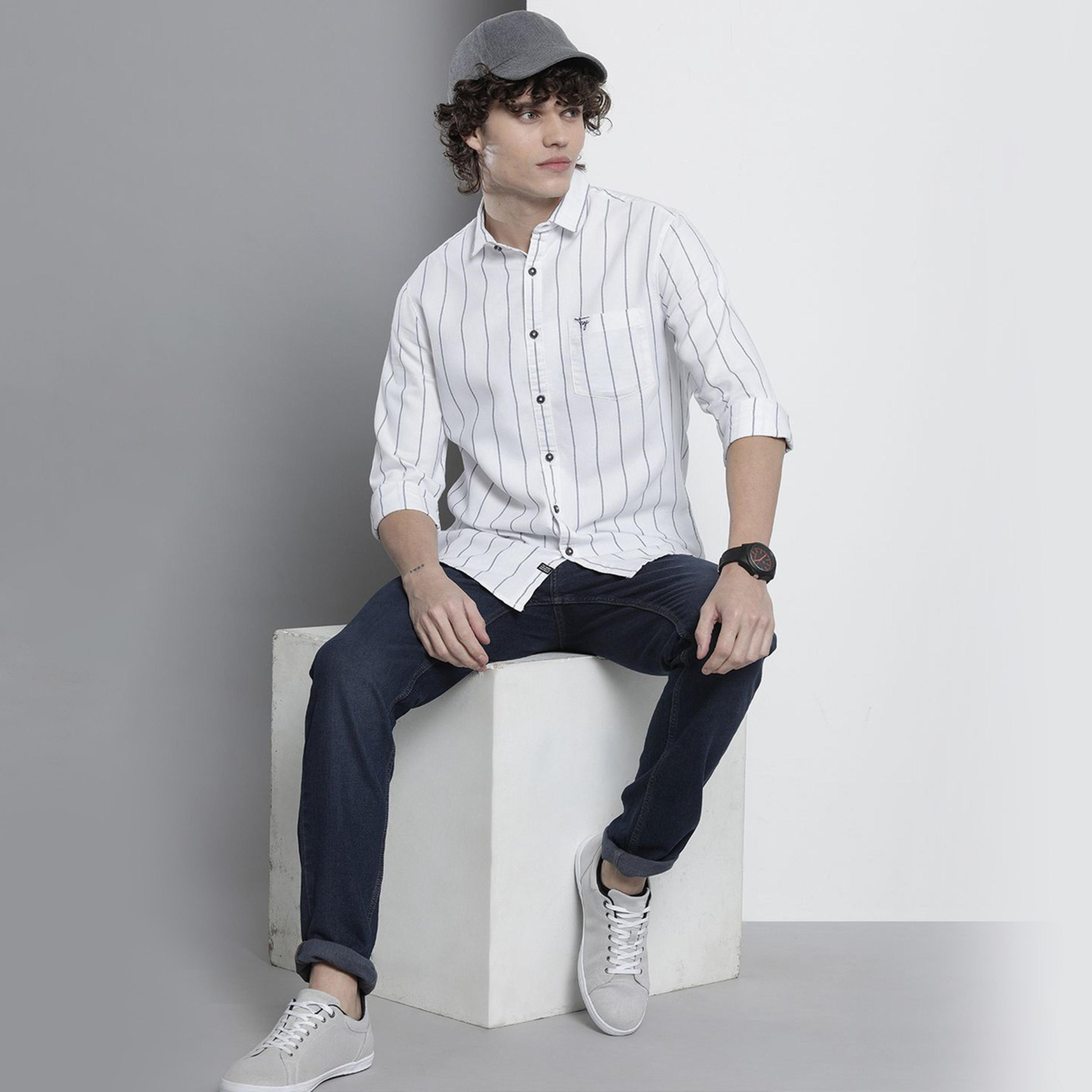 The Indian Garage Co X Styli Men White Striped Slim Collar Shirt-men-clothing-shirts-image-2
