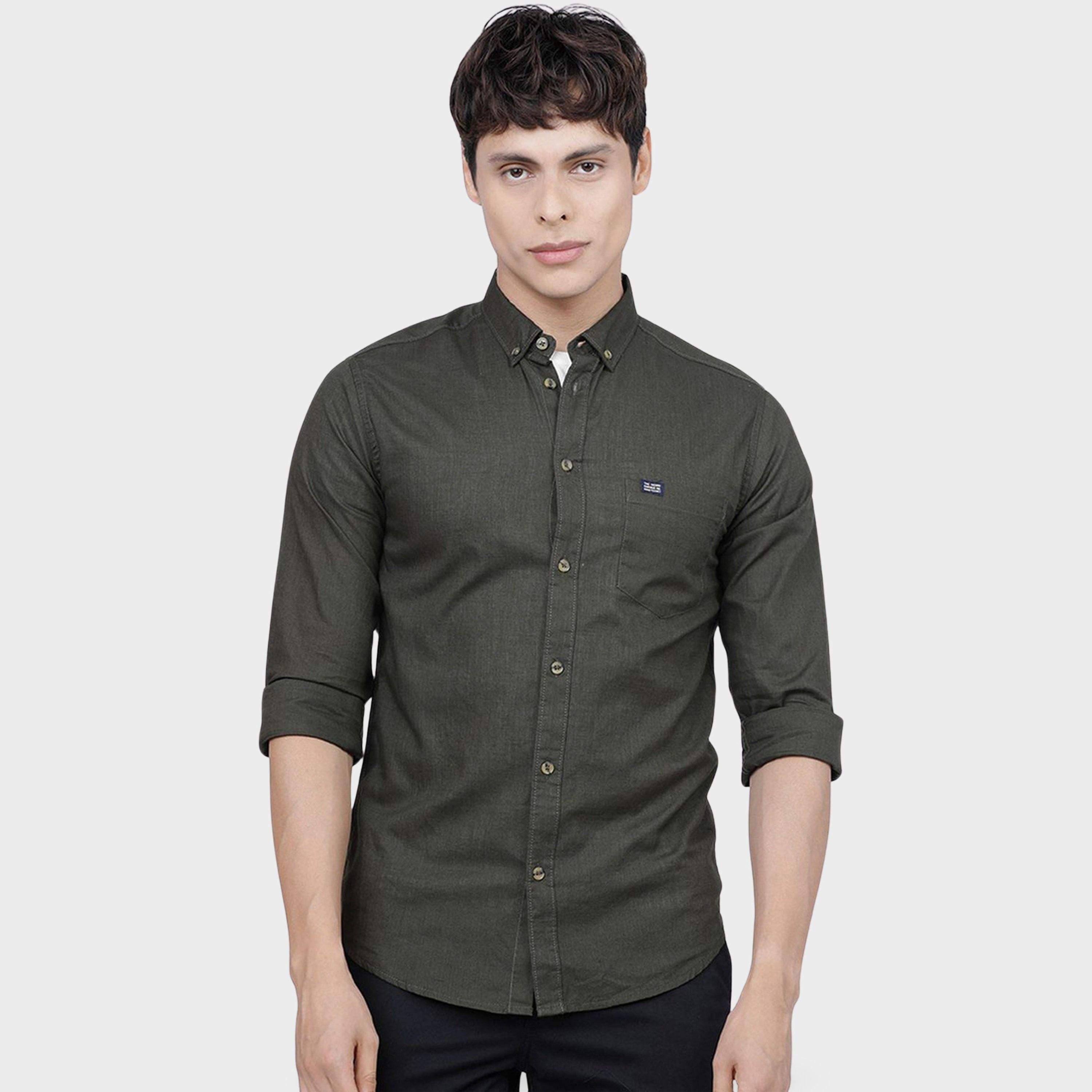 The Indian Garage Co X Styli Men Olive Slim Fit Button-Down Collar Shirt-men-clothing-shirts-image-1