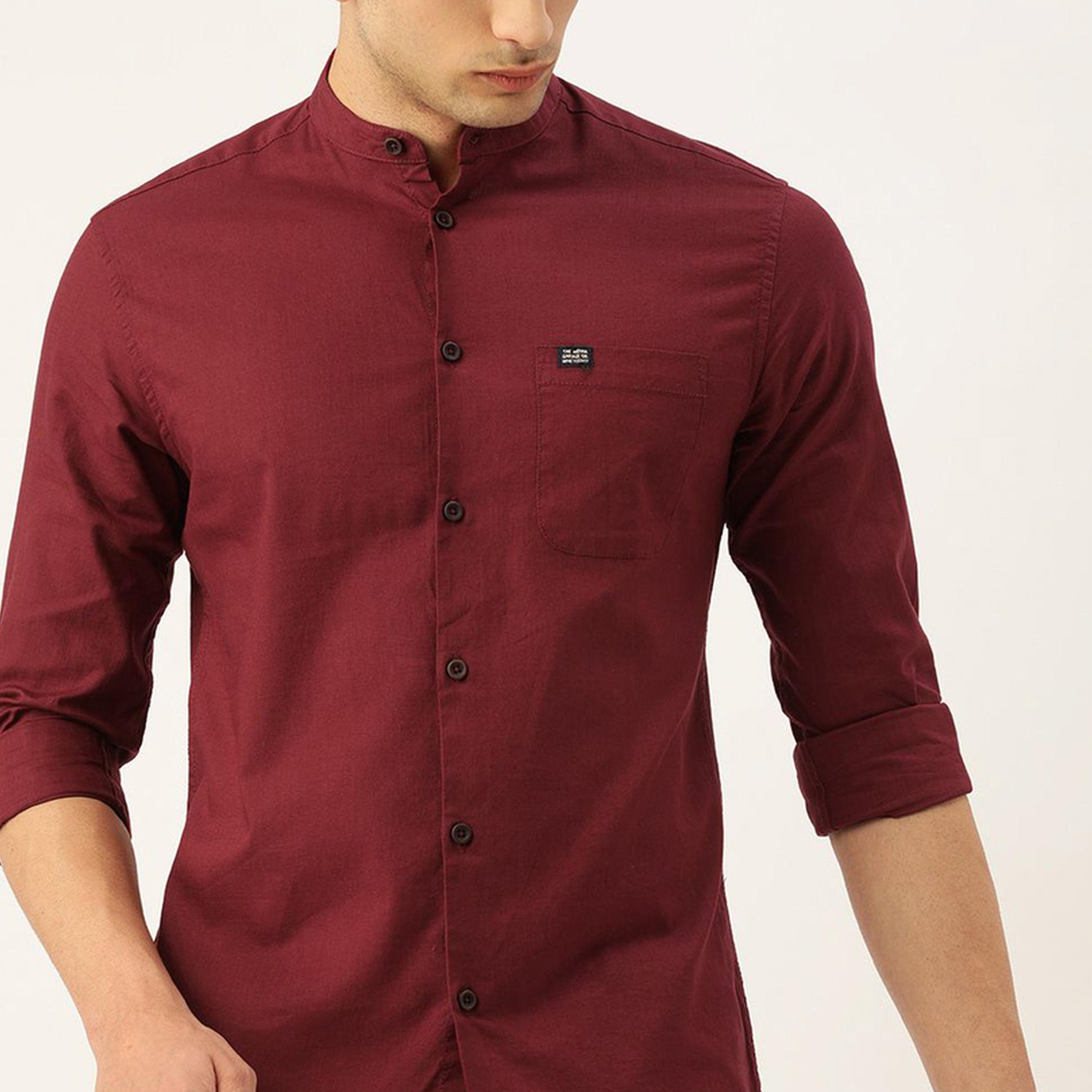 ذا انديان كراج كو × ستايلي - قميص رجالي تصميم نحيف بياقة ماندرين لون مارون-men-clothing-shirts-image-1