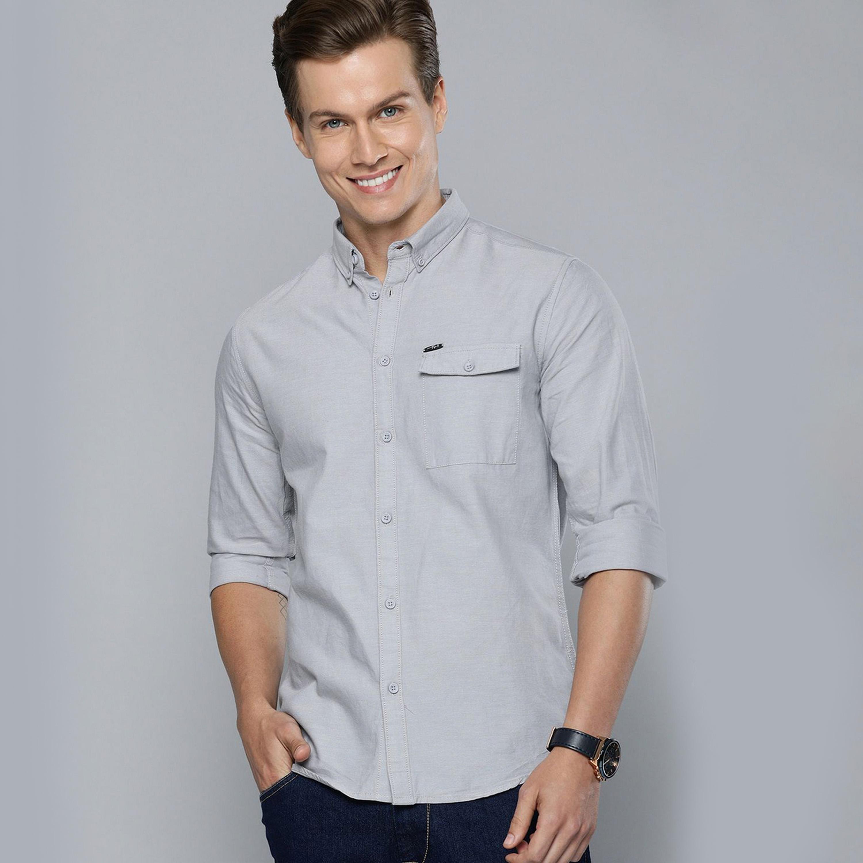 The Indian Garage Co X Styli Men Grey Solid Button-Down Collar Shirt-men-clothing-shirts-image-1
