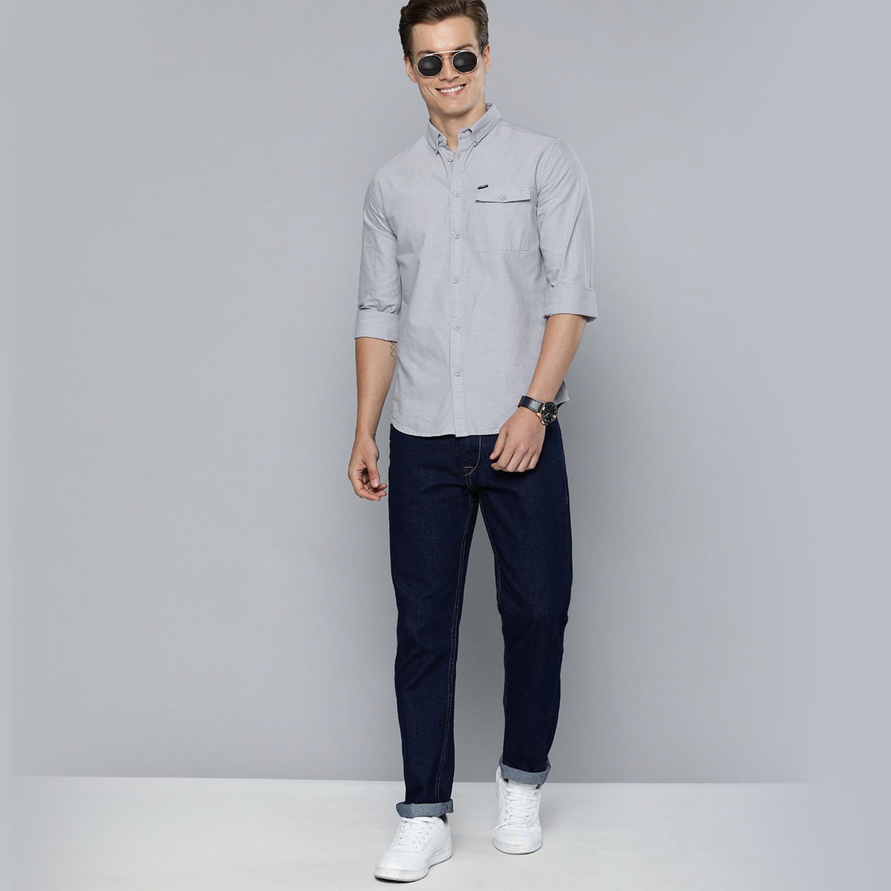 ذا انديان كراج كو × ستايلي - قميص رجالي رمادي سادة بياقة وأزرار-men-clothing-shirts-image-2