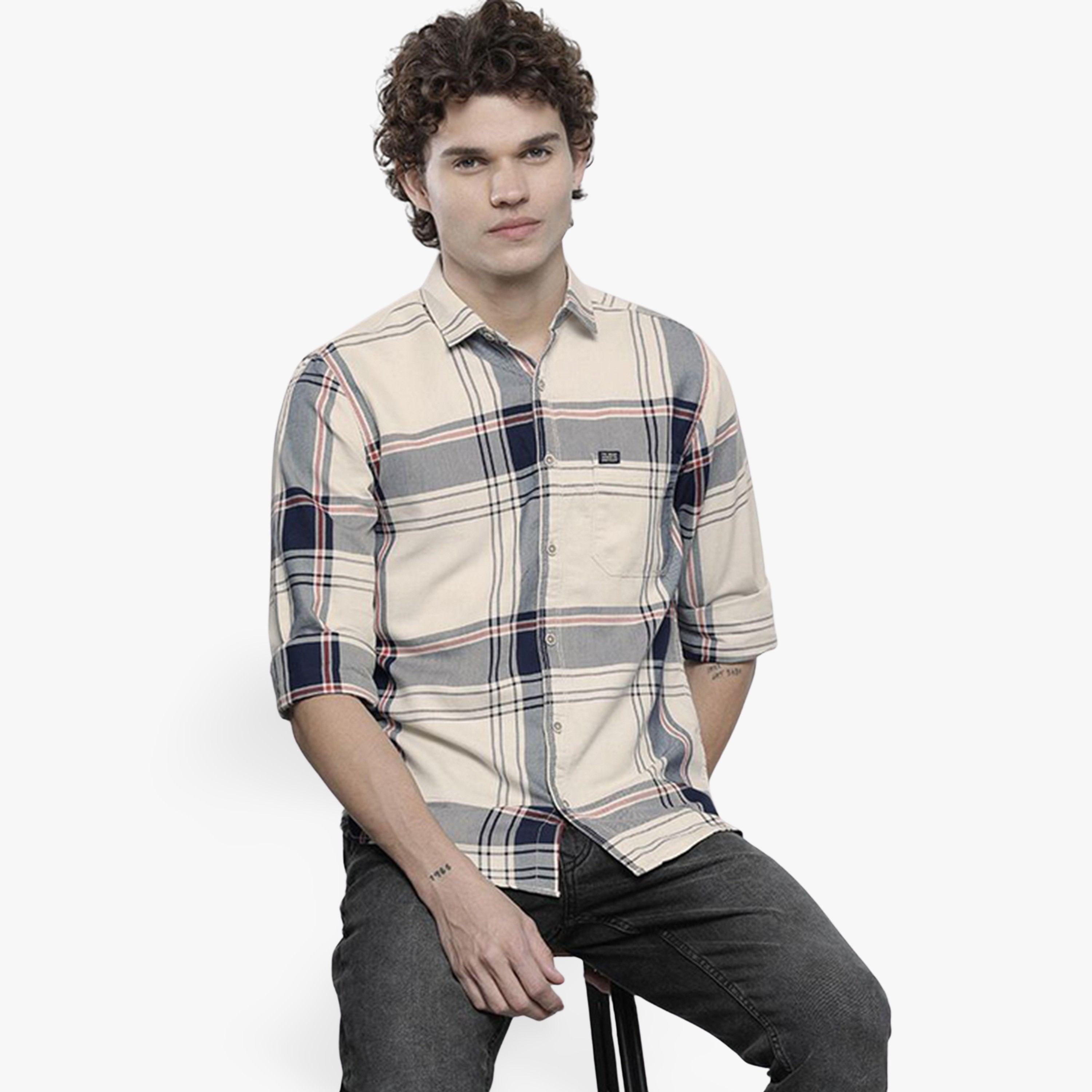 The Indian Garage Co X Styli Men Cream Checkered Slim Fit Shirt-men-clothing-shirts-image-1