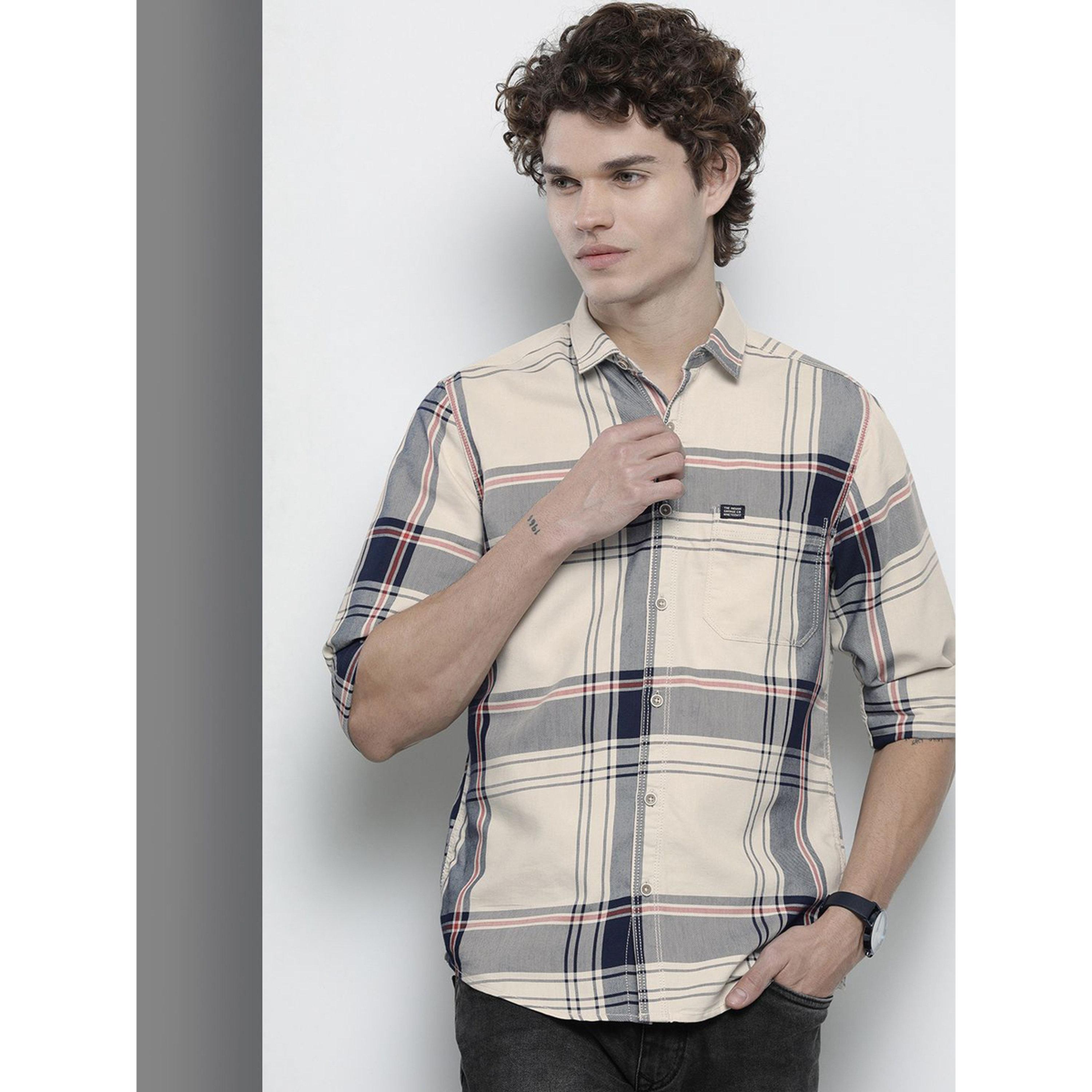 ذا انديان كراج كو × ستايلي - قميص رجالي تصميم نحيف منقوش لون كريمي-men-clothing-shirts-image-2