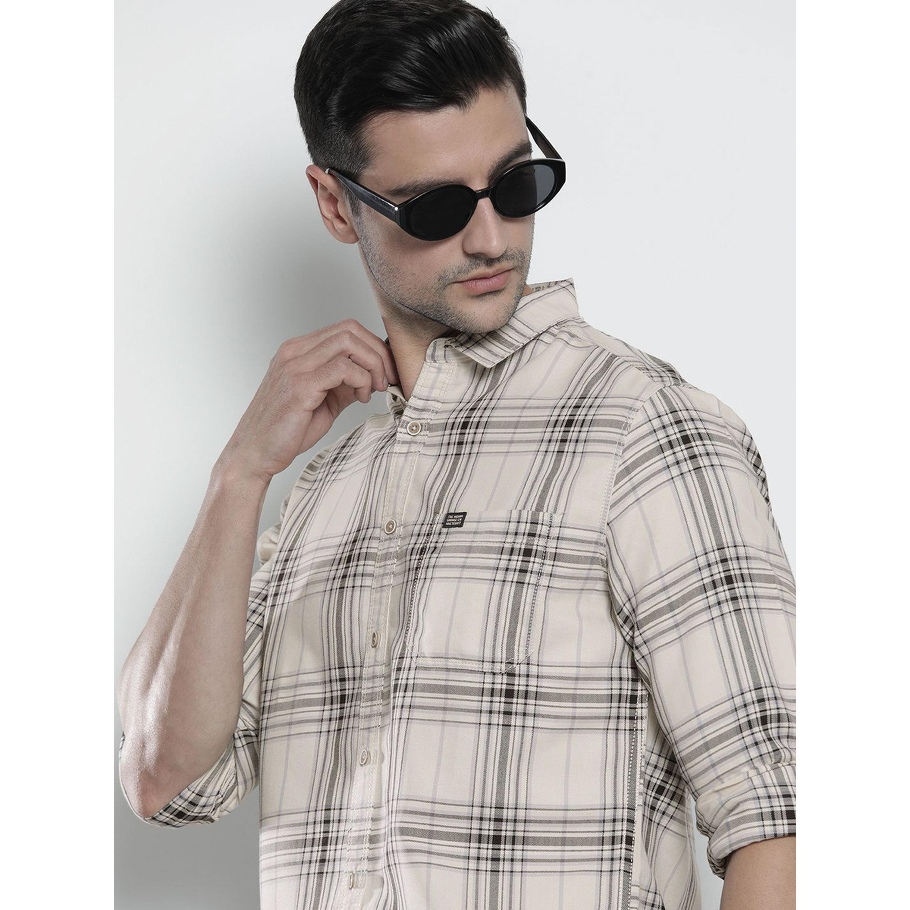 ذا انديان كراج كو × ستايلي - قميص رجالي تصميم نحيف منقوش لون كريمي-men-clothing-shirts-image-2